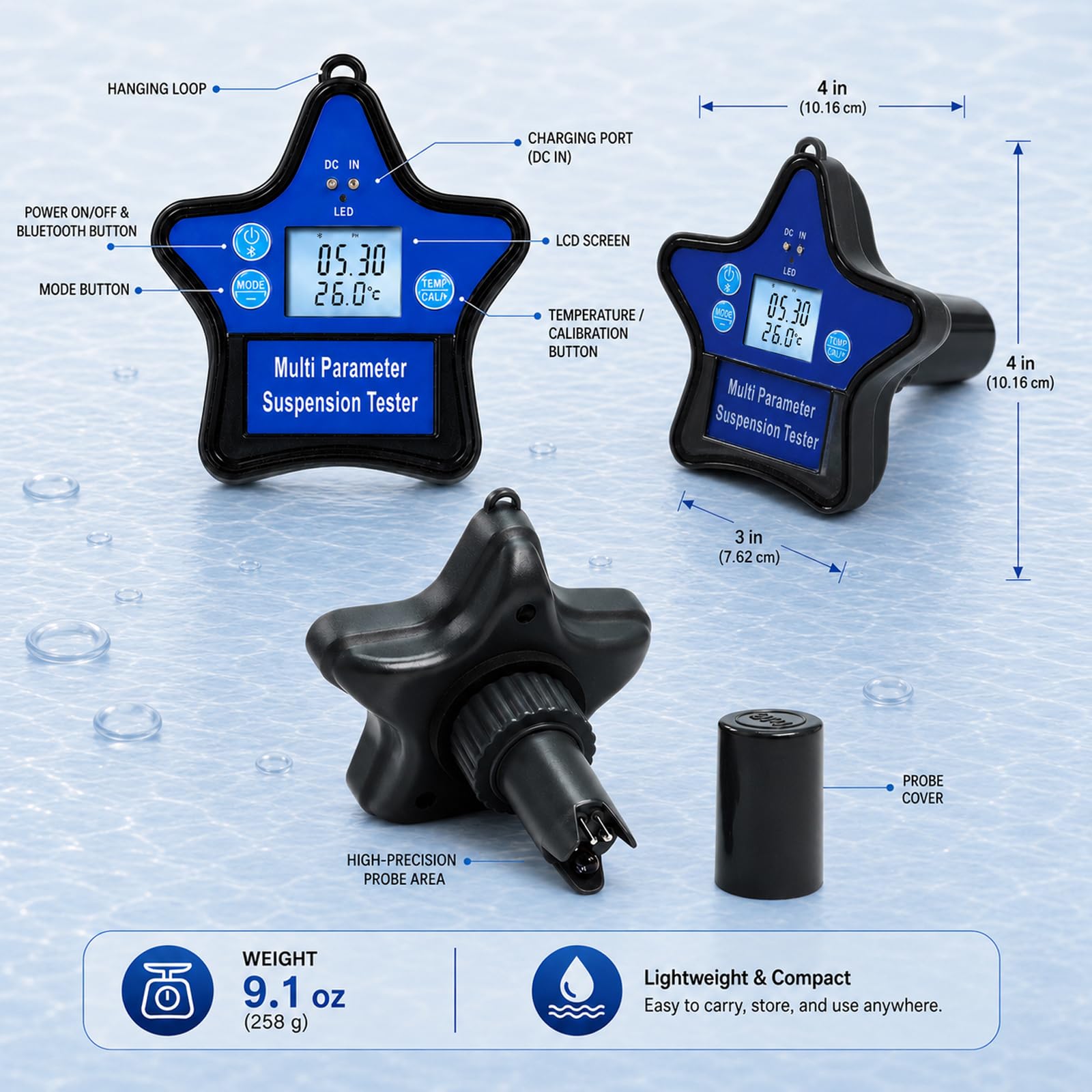 Tester Qualité Eau Flottant 9-en-1 | Moniteur Piscine & Hydroponie pH, ORP, CL, EC, CF, TDS, Sel, S.G. & Temp | Design Flottant Rechargeable avec Écran LCD Rétroéclairé & Suivi par Appli