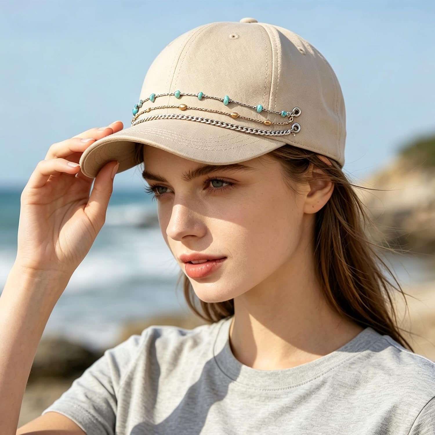 Dqwtb 13Pcs Trucker Hat Chains Detachable Hat Charms Gold Silver Boho Pearl Turquoise Flower Leaf Metal Chains DIY Hat Accessories for Women Men