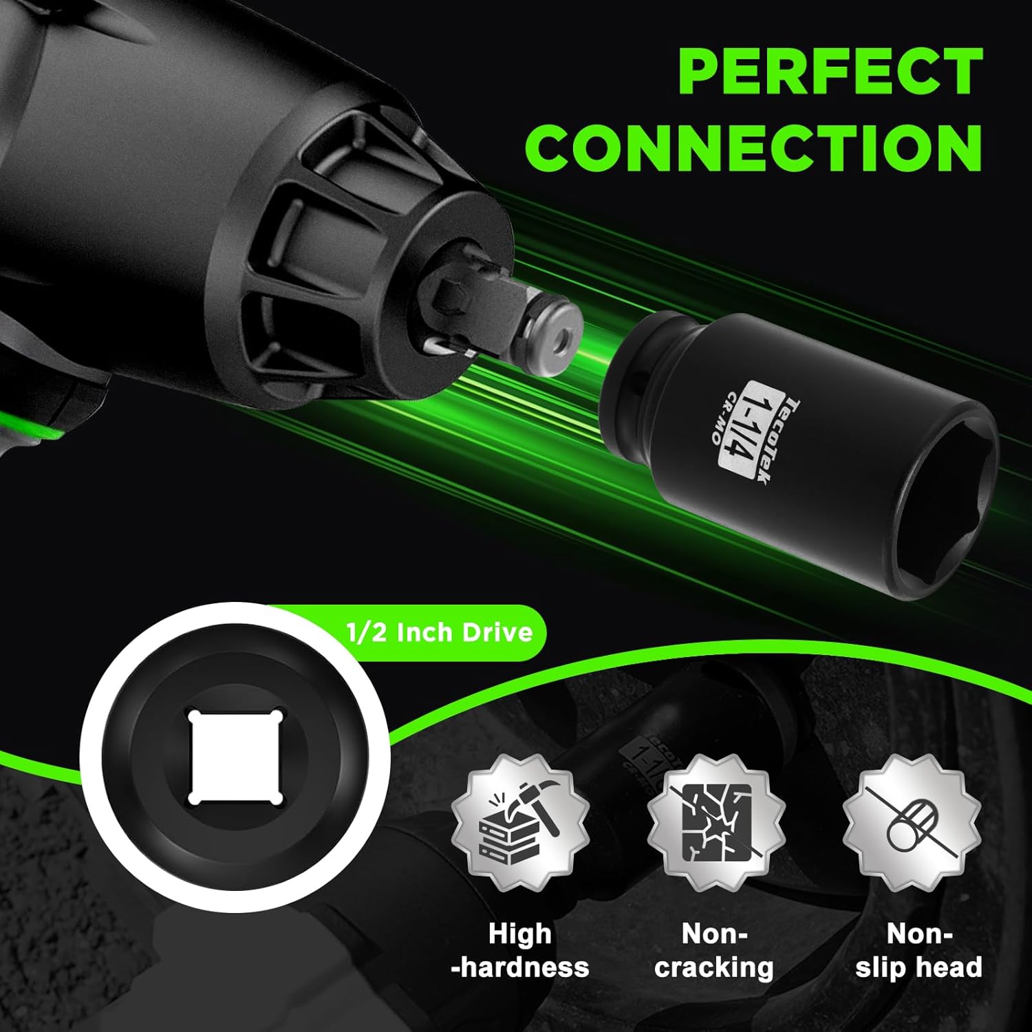 TecoTek 14PCS 1/2" Deep Drive Impact Socket Set, 6-Point, SAE (3/8" to 1-1/4"), CR-MO Steel, With a Storage Case