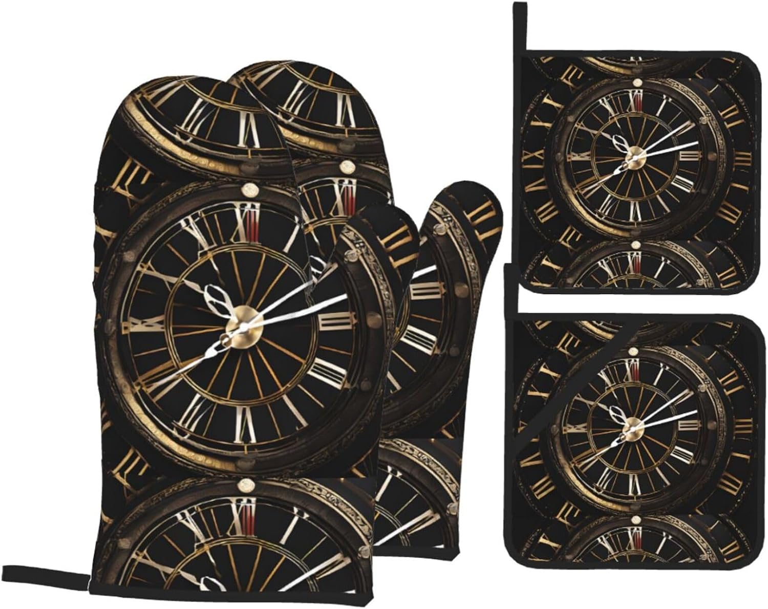 (Clock Gear) Baking 4-Piece Set: 2 Oven Mitts and 2 Pot Holders Heat Resistant Waterproof Hanging Loop for Kitchen Oven Grill Housewarming Gifts