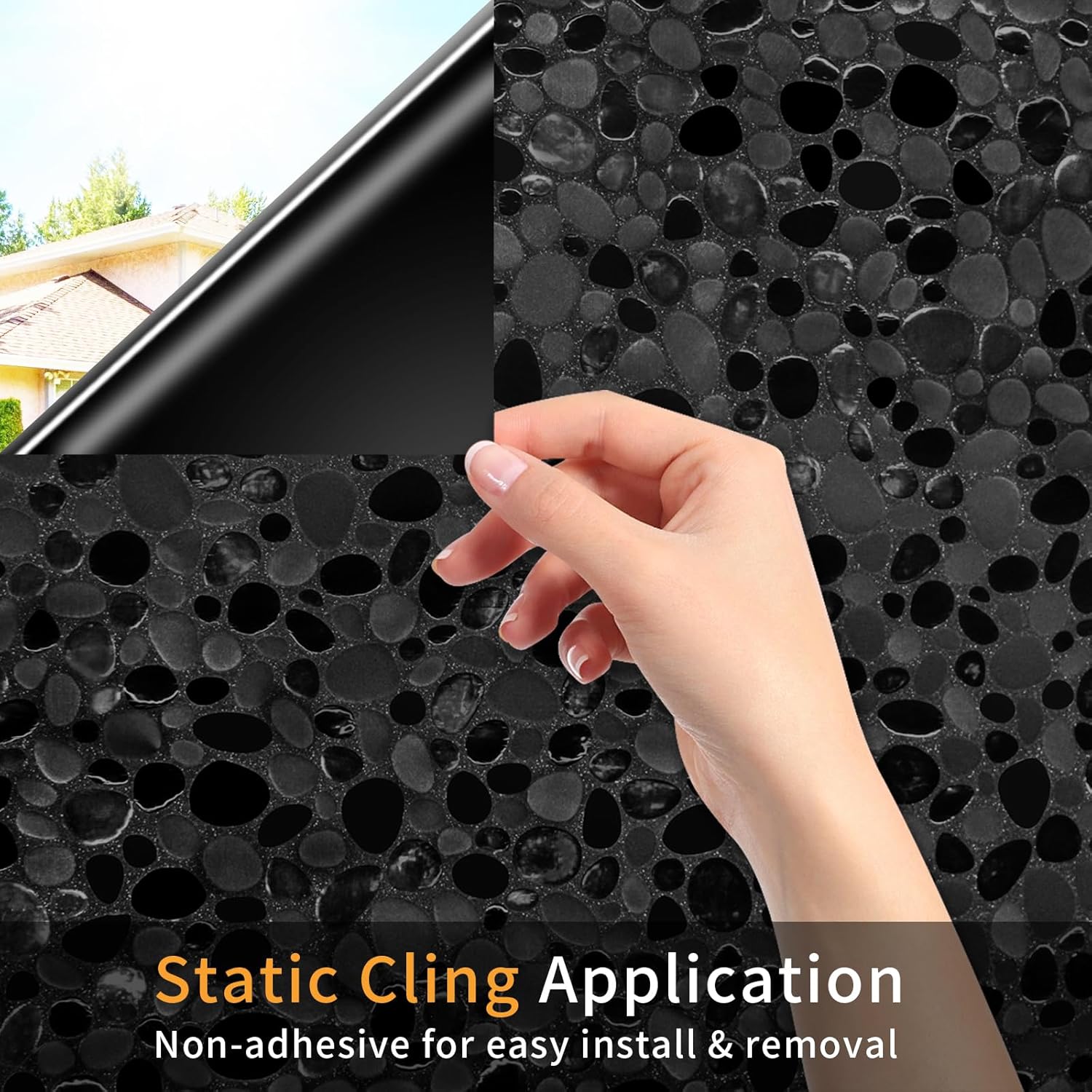 Total Blackout Privacy Window Film,100% Light Blocking Static Cling Glass Film Decorative with Installation Kit Room Darkening Heat Control Anti-UV for Home, 3D Pebble Pattern, 35.4'' x 314.9'' Black