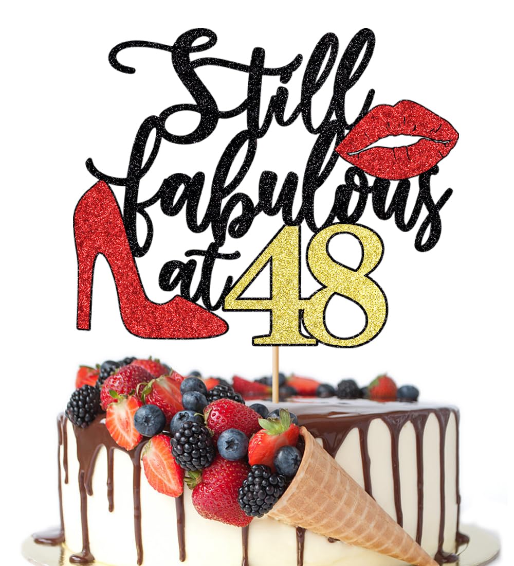 Crseniny Still Fabulous at 48 Cake Topper,Happy 48th Birthday Queen High heels Big Red lips Cake Topper,Women 48th Birthday Party Cake Decorations