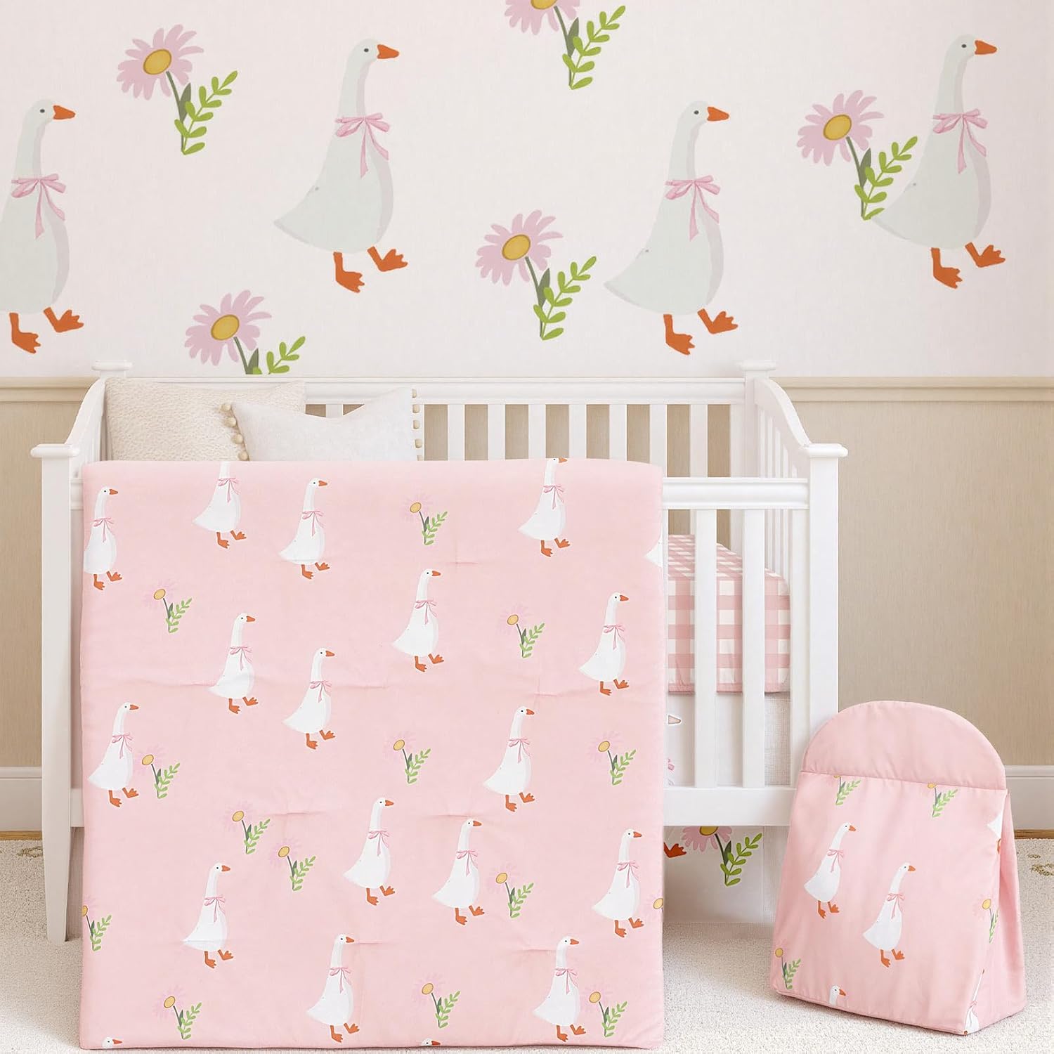 Oudain 4 Piece Goose Crib Bedding Set Including Goose Crib Skirt, Blanket, Sheet and Diaper Stacker, Soft Neutral Nursery Standard Size Baby Bedding for Baby Girls and Boys