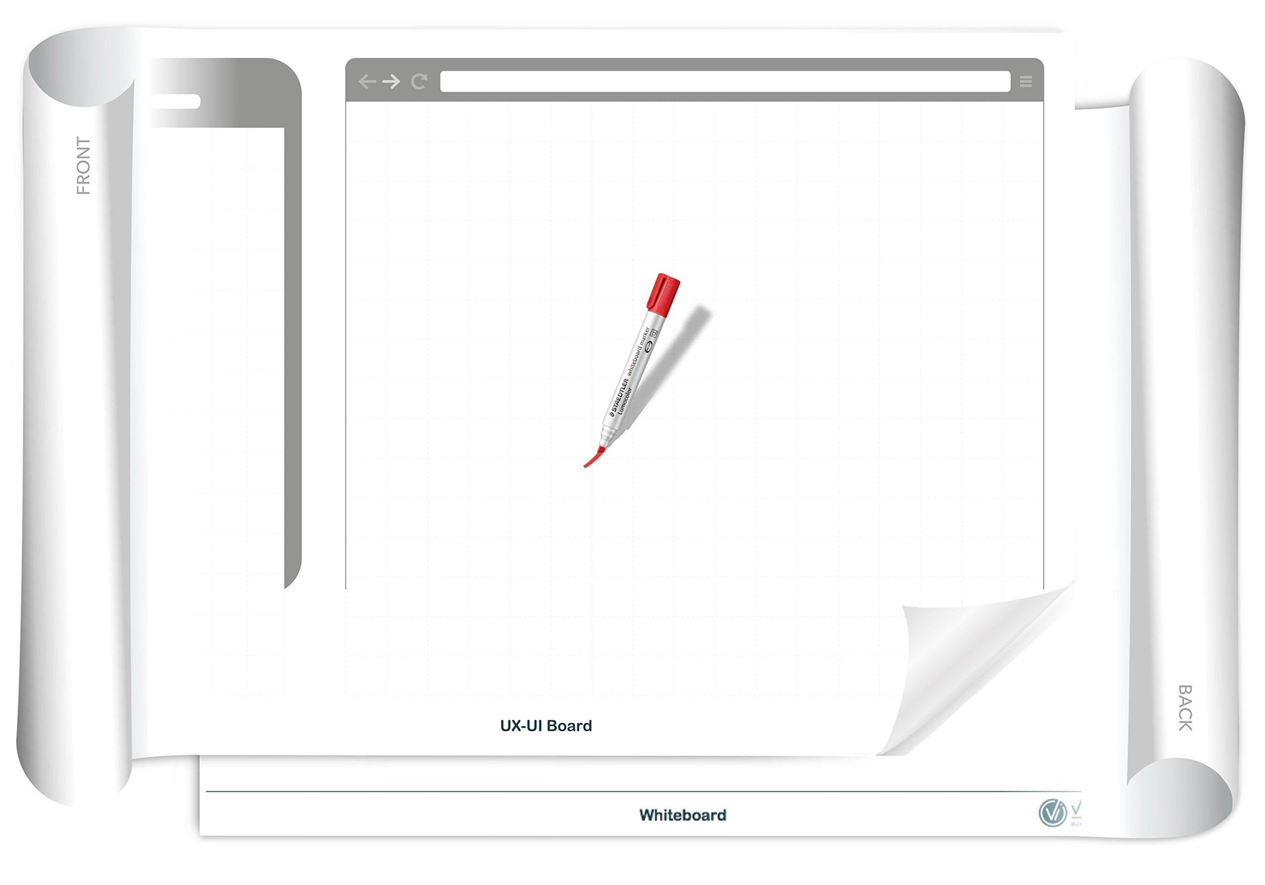 Vi-Board UX-UI Board/Whiteboard: rollable, double-sided, reusable mobile whiteboard; one side with with UX/UI template, one side blank; 85x118 cm (approximately 34x47 inches)
