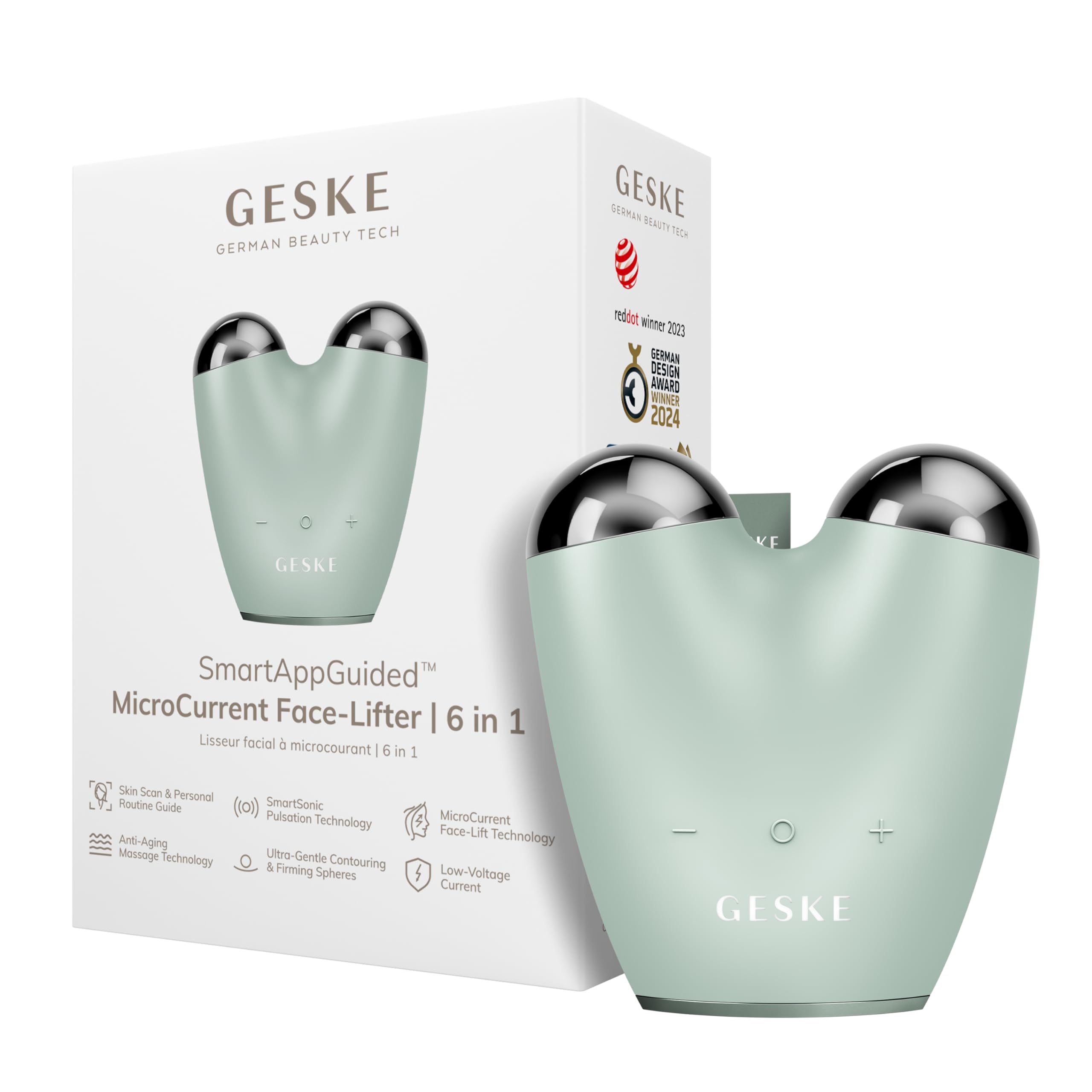 GESKE | SmartAppGuided™ MicroCurrent Face-Lifter | 6 in 1 | Facial Lifting | Gesicht- & Jawline Trainer | Gesichtsstraffung | Anti Aging Device | Mikrostrom gegen Falten | Doppelkinnentferner