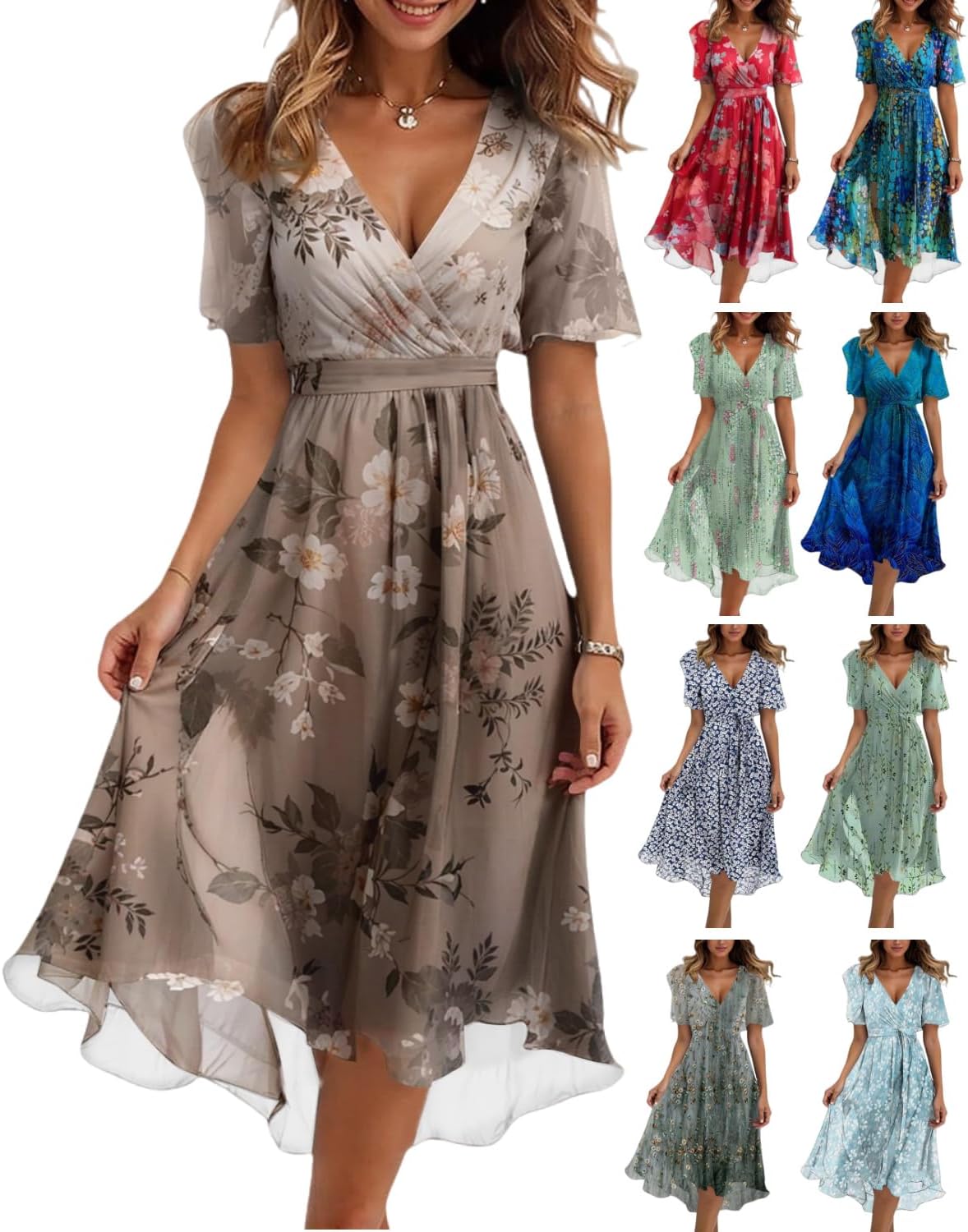 Floral Chiffon Midi Cocktail Dresses for Women 2025 Elegant Classy Summer Beach Flowy Sexy Deep V Neck Wrap Dress