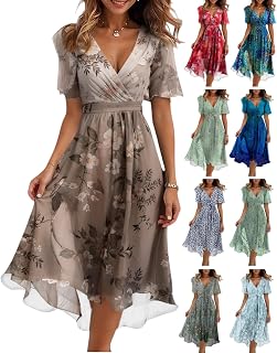 Floral Chiffon Midi Cocktail Dresses for Women 2025 Elegant Classy Summer Beach Flowy Sexy Deep V Neck Wrap Dress