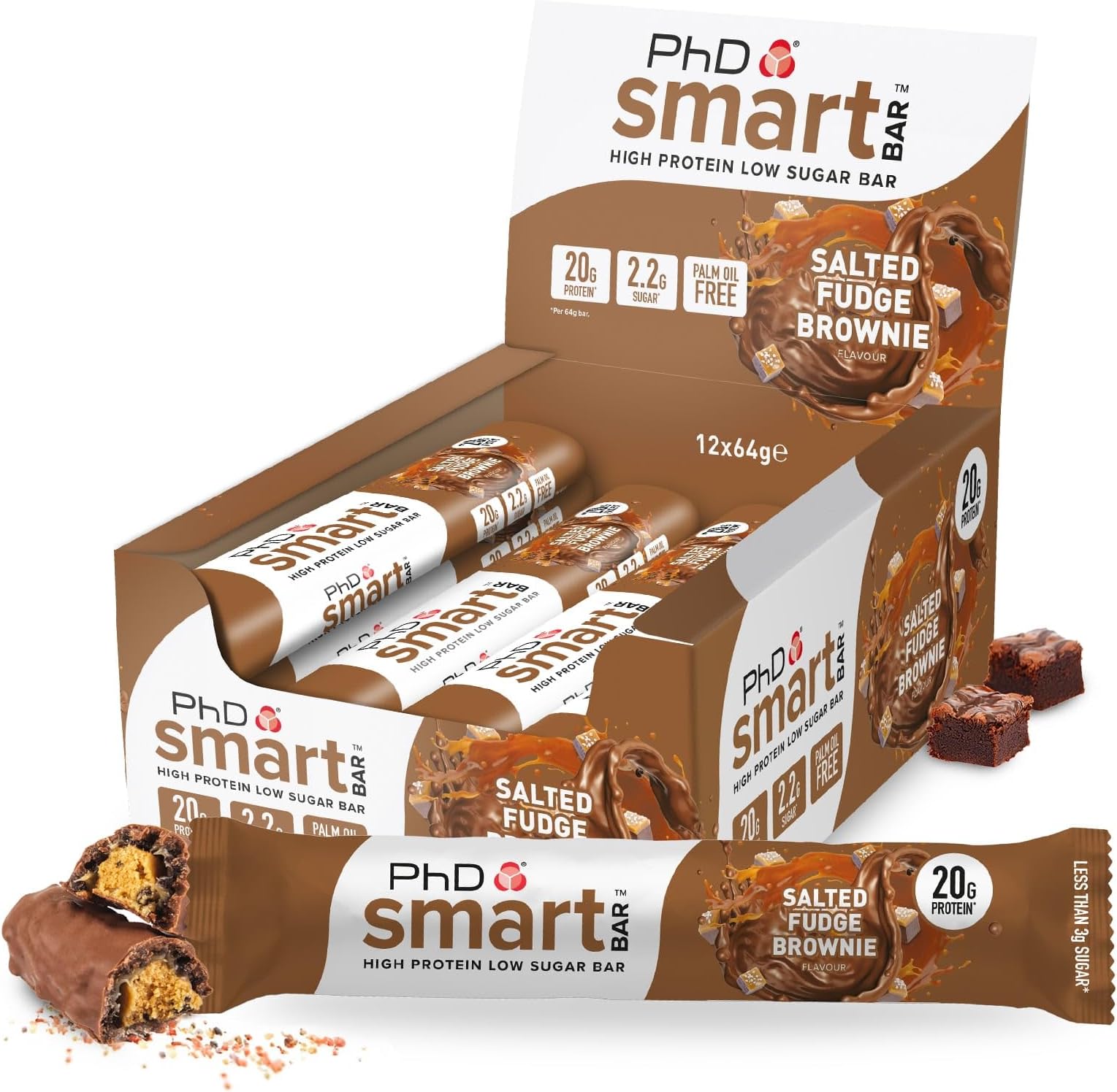 PhD Smart Bar-High Protein Low Sugar Bar, Salted Fudge Brownie, 64 g, Pack of 12