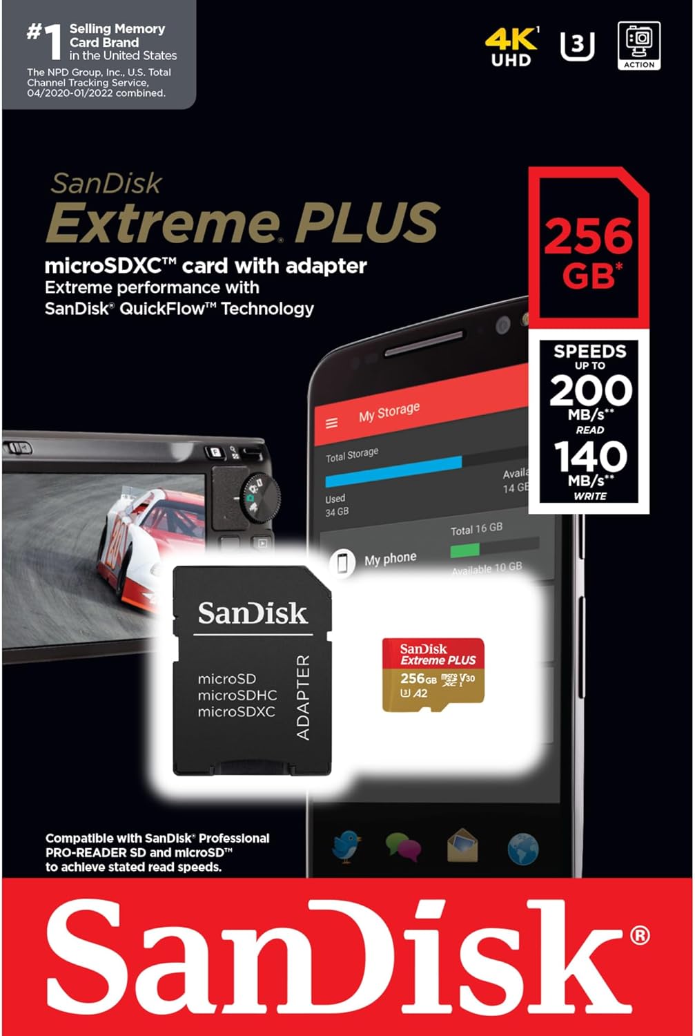 Sandisk Extreme Plus 256gb Microsd Card W/Sd Adapter