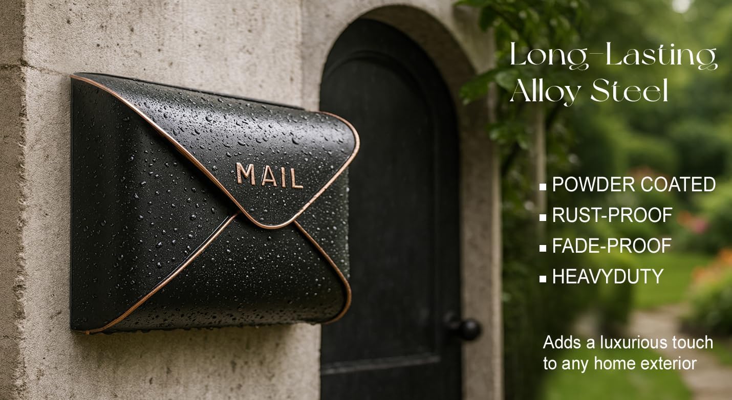 NACH Black Mailbox Wall Mount, 12.5 x 5 x 10 inch Wall Mount Mailboxes for Outside, Waterproof Mailboxes for Outside - Envelope Mailbox