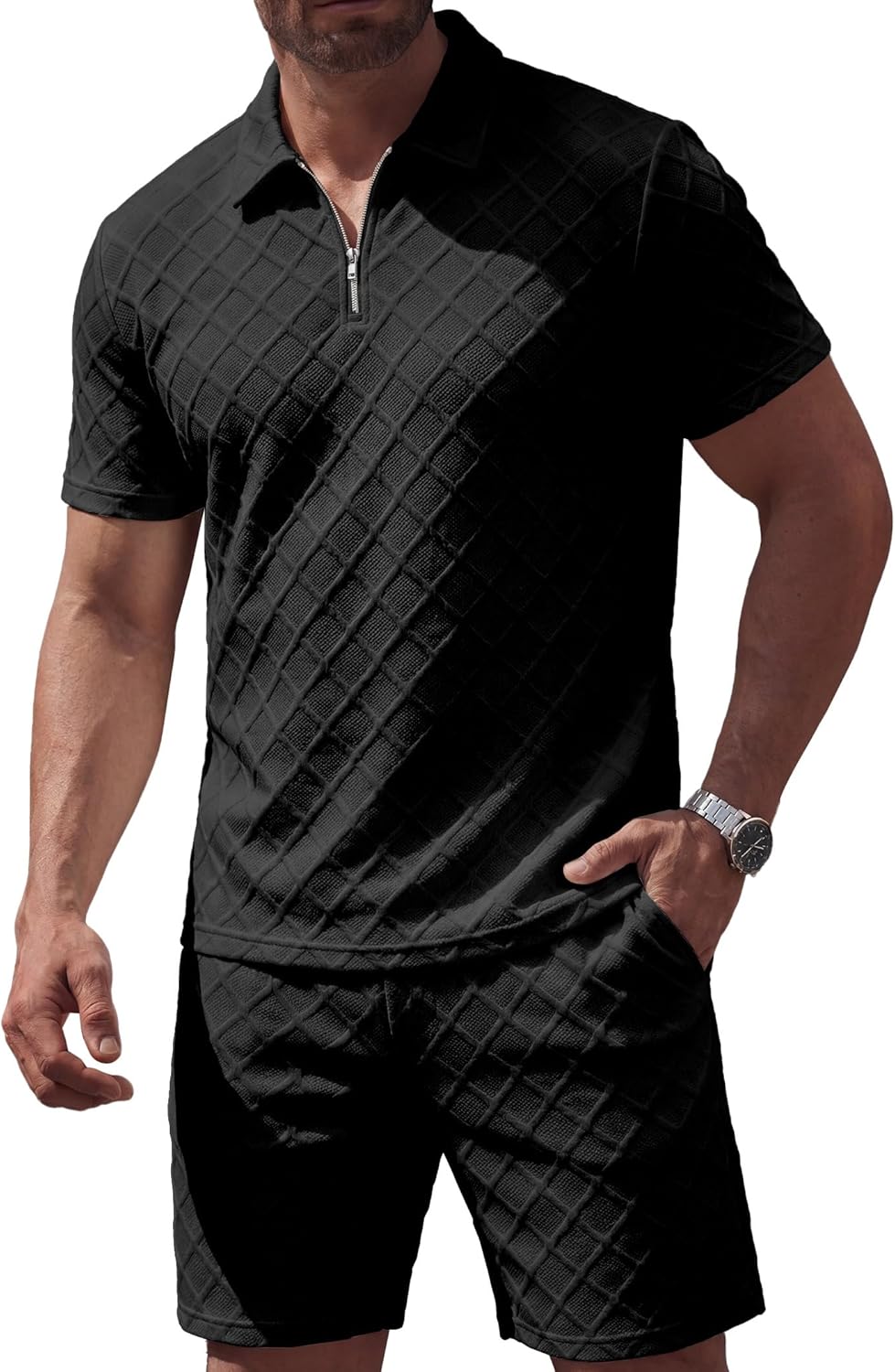 JMIERR Mens 2 Piece Jacquard Knit Outfits 1/4 Zip Golf Polo Shirt Shorts Set Casual Tracksuits for Beach Daily