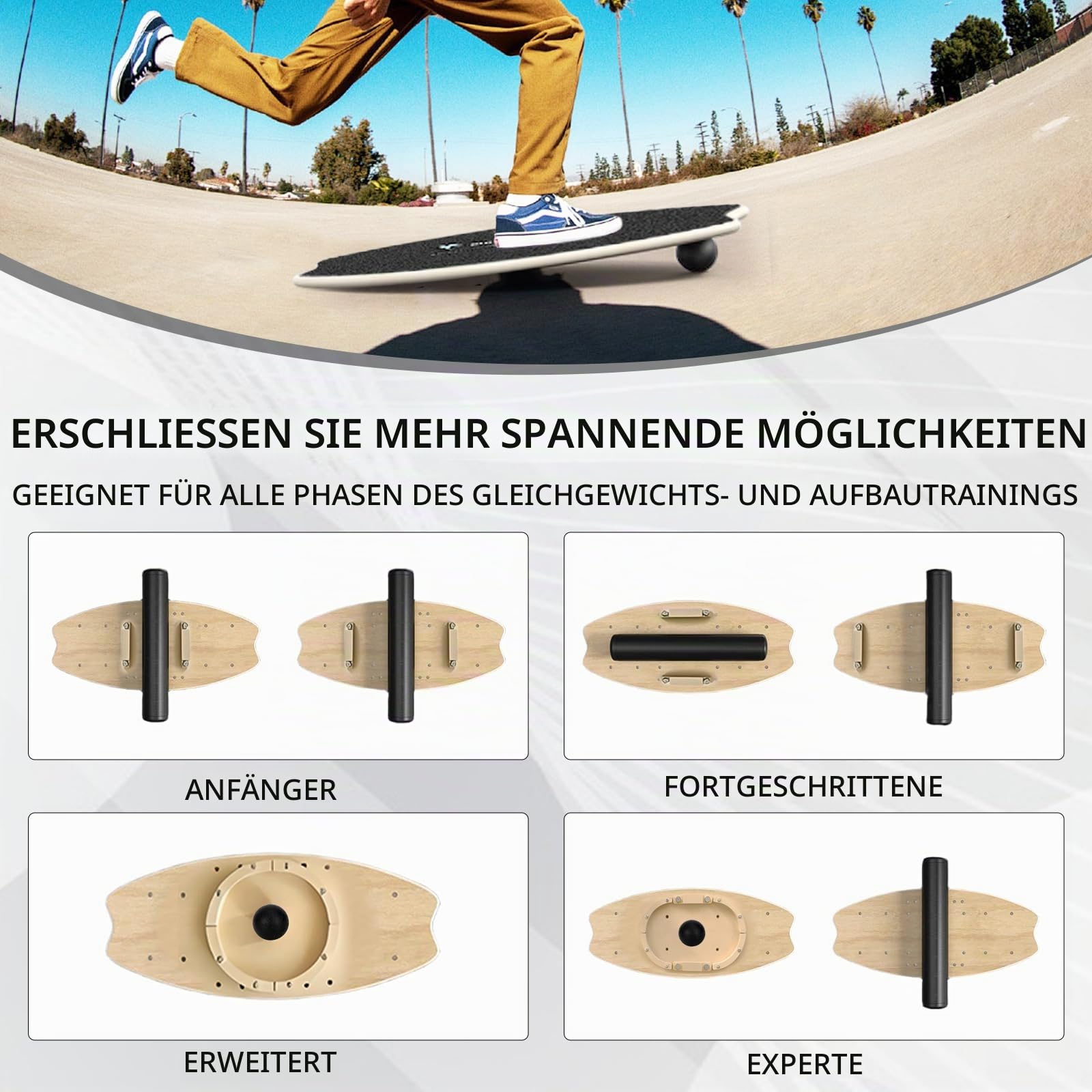 2025 Balance Board Holz, Profi Balance-Board mit Rolle, Balance Ball, Halterung, Multifunktion Indoor Skateboard & Surfboard für Kinder & Erwachsene, Trickboard für Fitness, Yoga & Reha