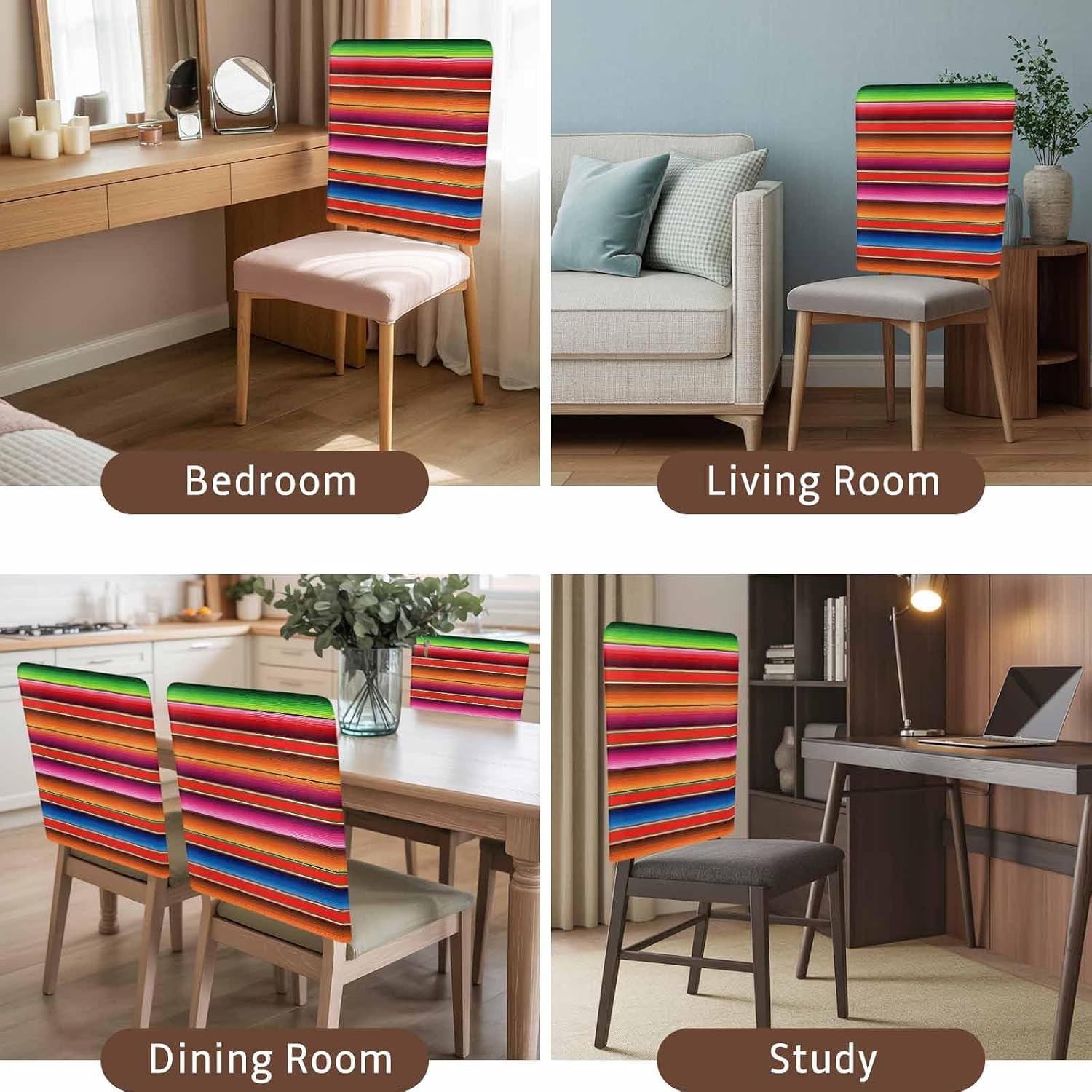 4Pack Dining Room Chair Back Covers Mexican Colorful Ombre Stripes Stretch Spandex Chair Cover Washable Slipcovers, Red Green Orange Blue Lines Removable Furniture Protectors for Home Kitchen Party