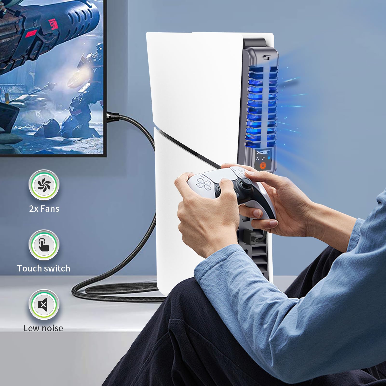 Ventilador PS5 Slim, Ventilador Silencioso Ajustable, Refrigeración PS5 Slim con Luz RGB y Puerto USB, Ventilador Eficiente para PS5 Slim Disc y Edición Digital