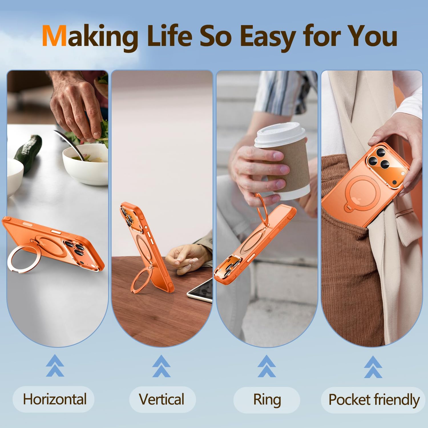 O3 Mag-Stand Designed for iPhone 17 Pro Case with 360° Spin Stand, [Compatible with mag Safe][Super Skin Feeling] Translucent Matte Magnetic Slim Phone Case 6.3 inch, Matte Orange