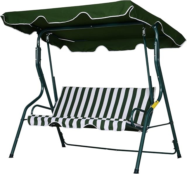 Outsunny 3 Seater Canopy Swing Chair Outdoor Garden Bench with Adjustable Canopy and Metal Frame - Green Stripes