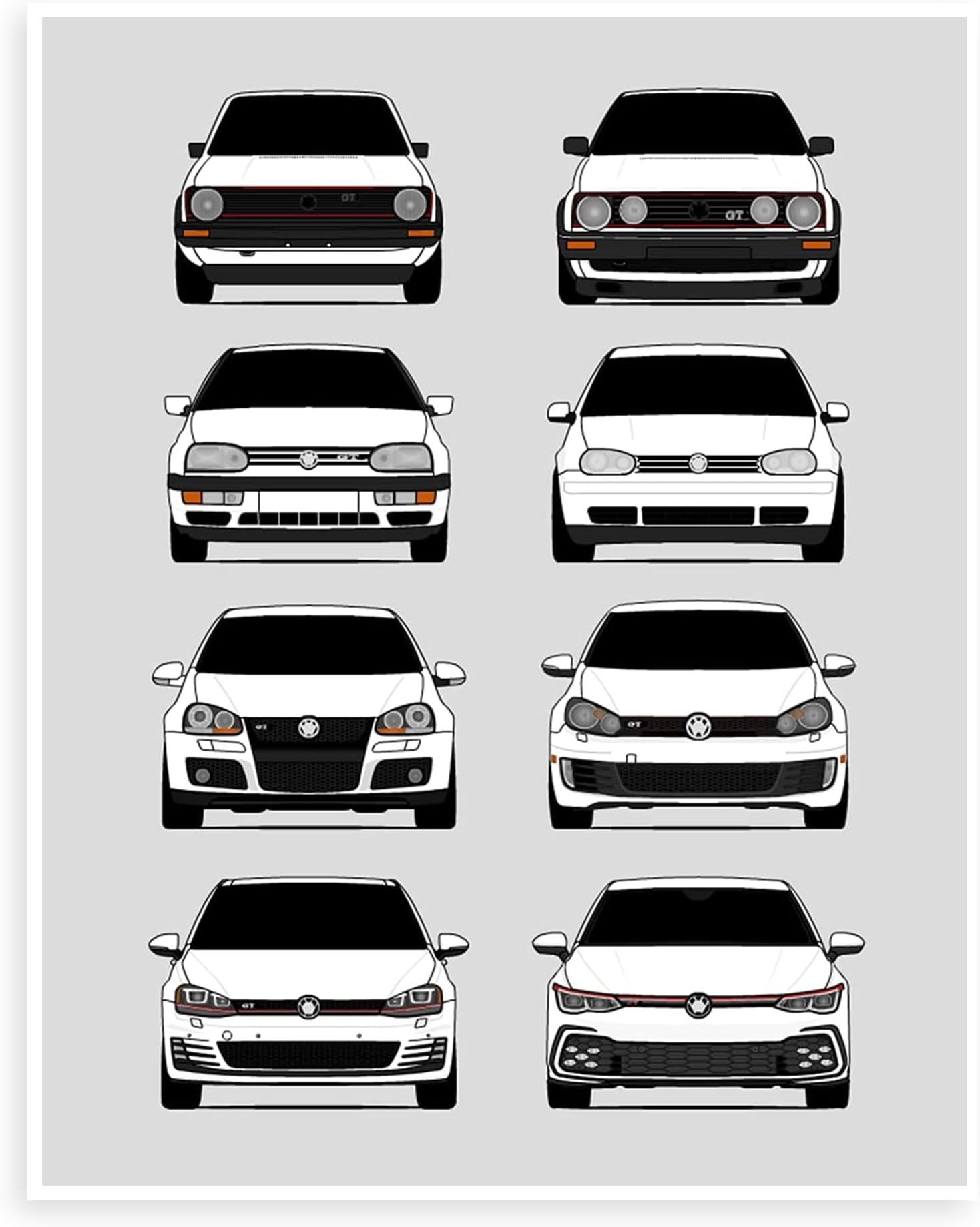 Handmade Poster compatible with Volkswagen Golf GTI Generations and Print of VW GTI (Car Models: MK1 to MK8) - White, 8x10 Satin Print (Unframed) - Gift for Car Enthusiast
