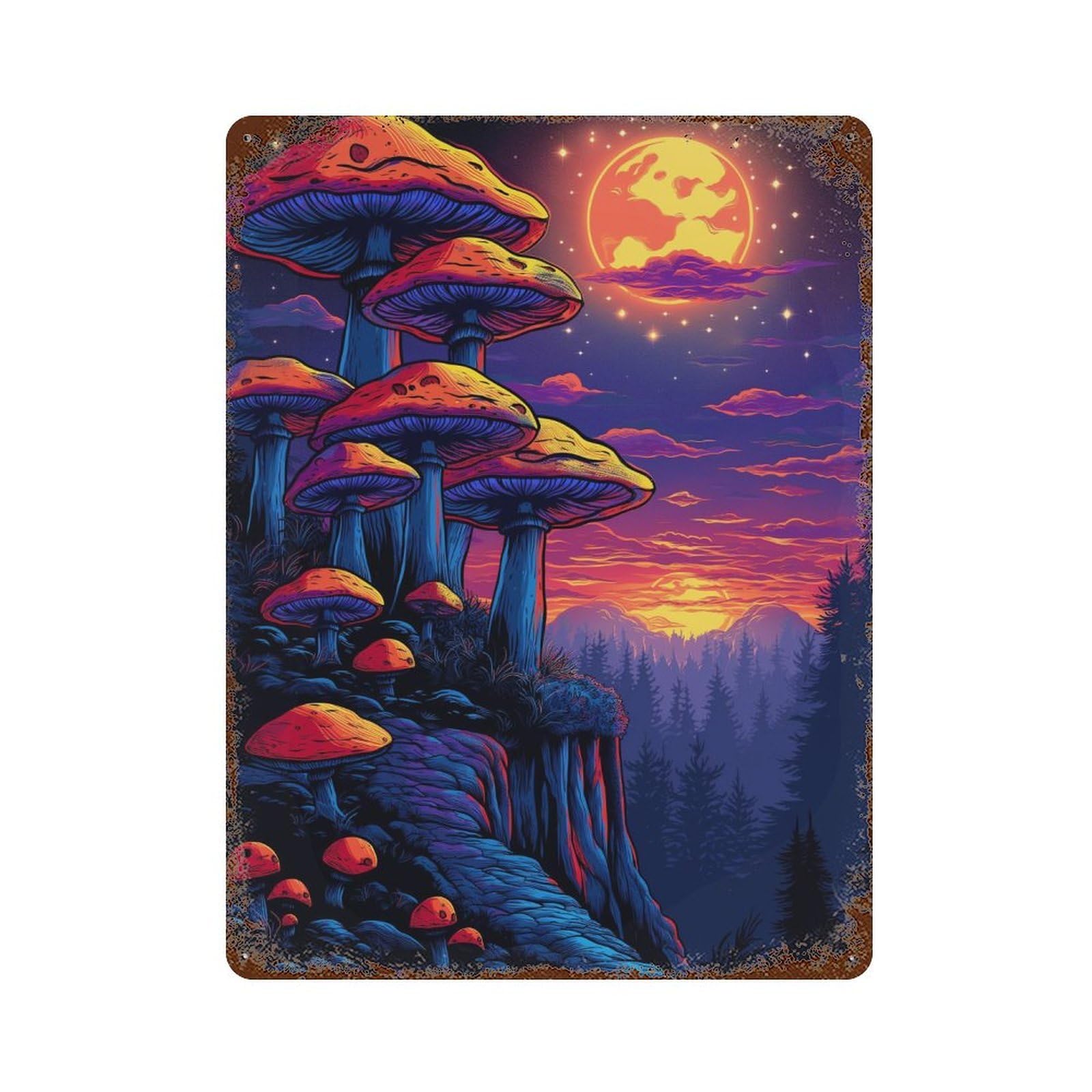 Glowing Forest Mushrooms-3 15.7"x11.8" Weathered Tin Sign, Shabby Chic Decor for Farmhouse, Kitchen And Entryway Decor