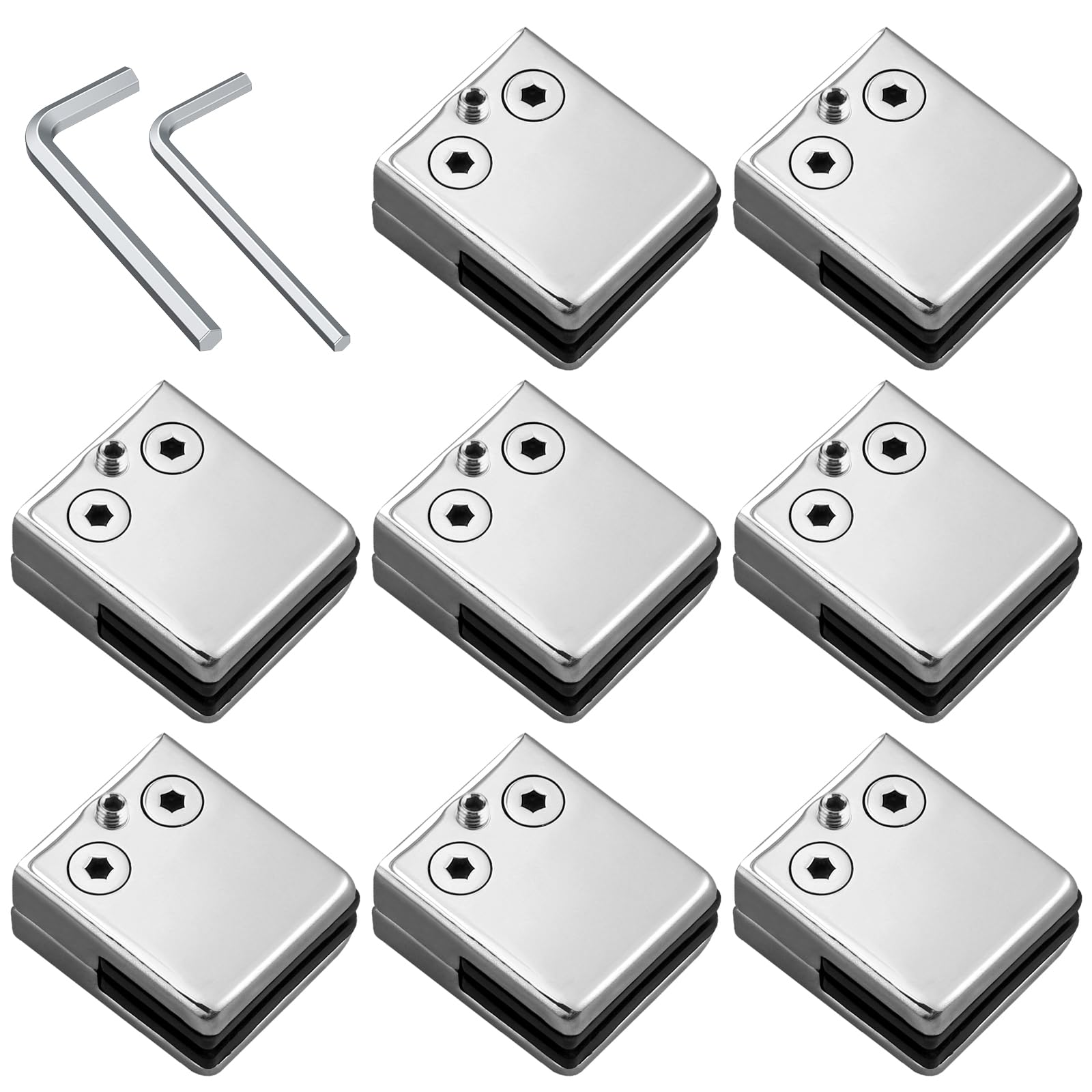 Proster 8 PCS Pinces à Verre Taille M (8–9 mm) en Acier Inoxydable – Dos Plat, Finition Polie, Fixation Antirouille avec Vis de Serrage pour Balustrade, Garde-Corps, Escalier et Main Courante | Aspect Argenté Brillant, Visserie et 2 Clés Incluses, pour Ba
