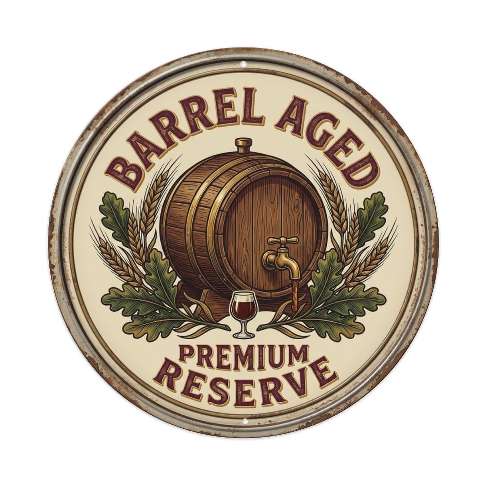 Barrel Aged Premium Cellar Beer Metal Tin Sign Plaque Wall Decor for Cafe, Club, Garden Round Metal Poster 8x8Inch