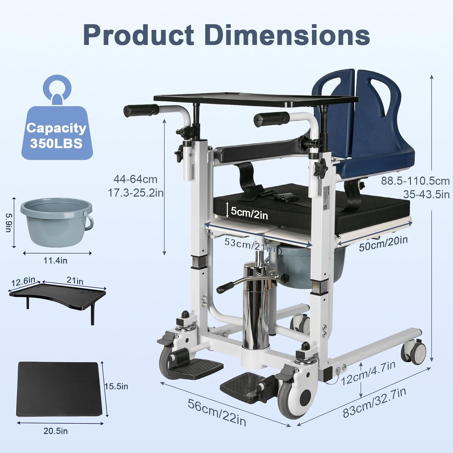 4 in 1 hydraulic patient lift transfer chair, 180° split seat, 350lbs capacity, height adjustable nursing wheelchair with potty, dining table, for elderly disabled home care