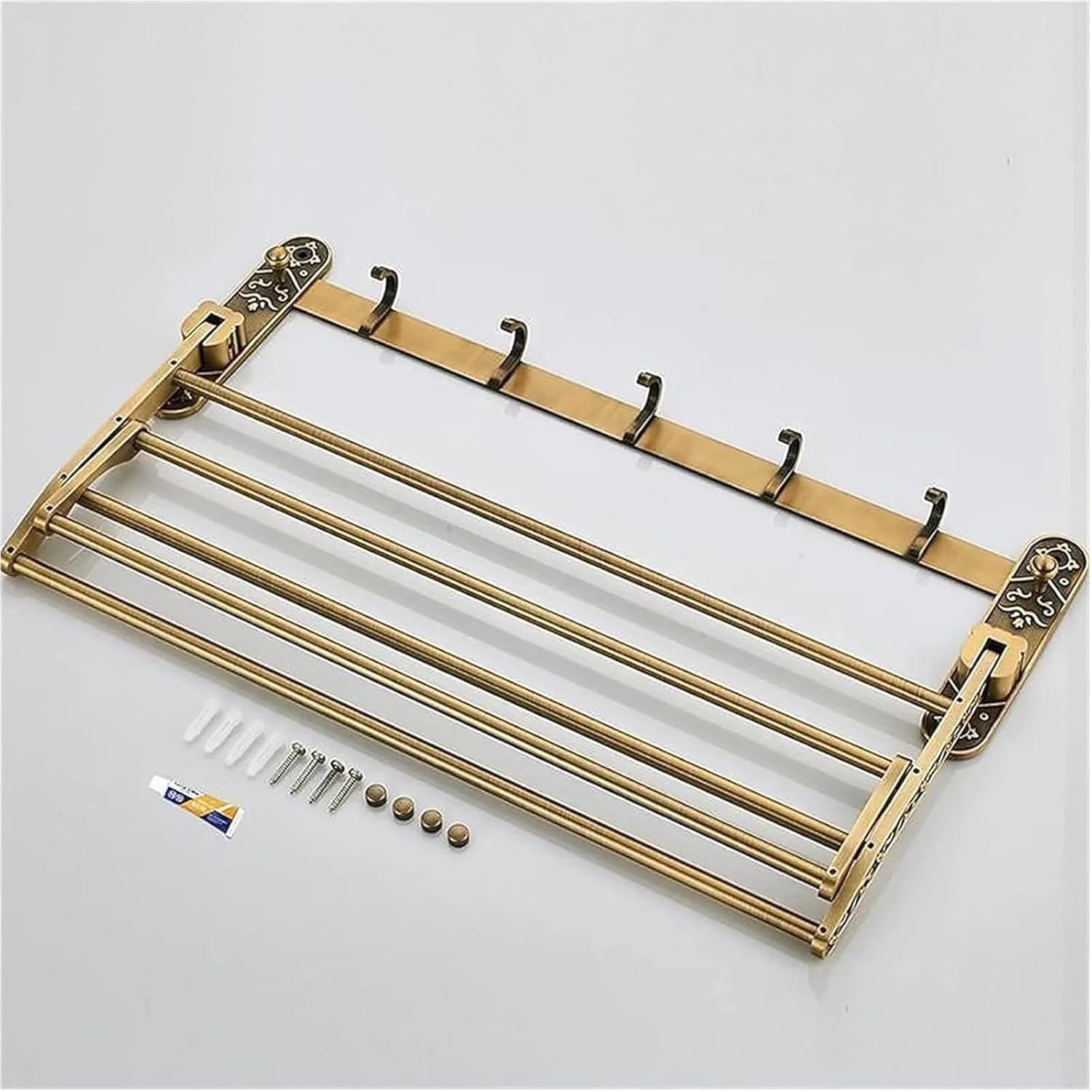 Antique Brass Towel Bar for Bathroom, Wall Mounted Vintage Towel Holder with Hooks, Adjustable Aluminum Bathroom Accessories Rack