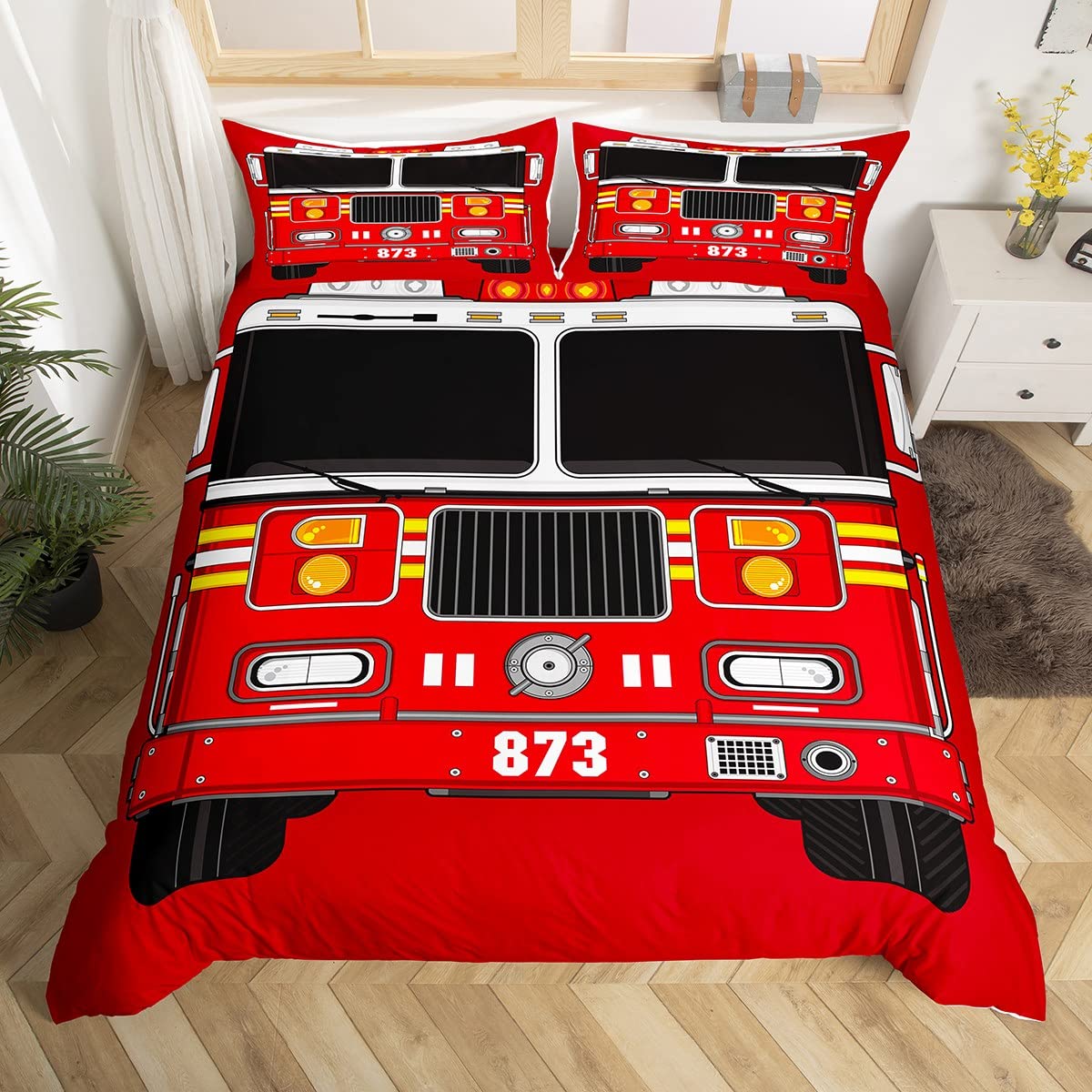 Manfei Fire Truck Duvet Cover Set King Size, Red Fire Engine Comforter Cover with 2 Pillowcases
