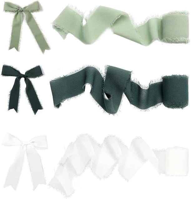 LUTER 3 Rolls Chiffon Ribbon, 1.5 Inch x 5.5 Yard Color Fringe Silk Ribbon for Wedding Invitations Bouquet Gift Wrapping Crafts Decorations, Handmade Frayed Edge Ribbon (White/Light Green/Dark Green)