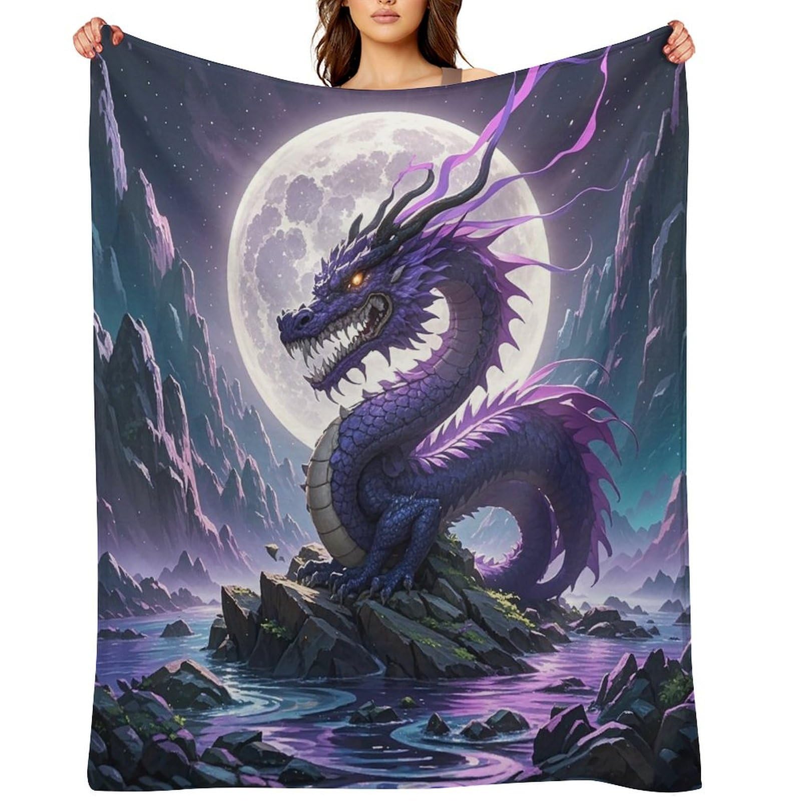 Flannel Fleece Throw Blanket - 50"x60" Super Soft Plush,Lightweight Wrinkle Resistant Cozy Purple Dragon Purple Moon Blanket for Couch Sofa Bed Travel Camping and Gift