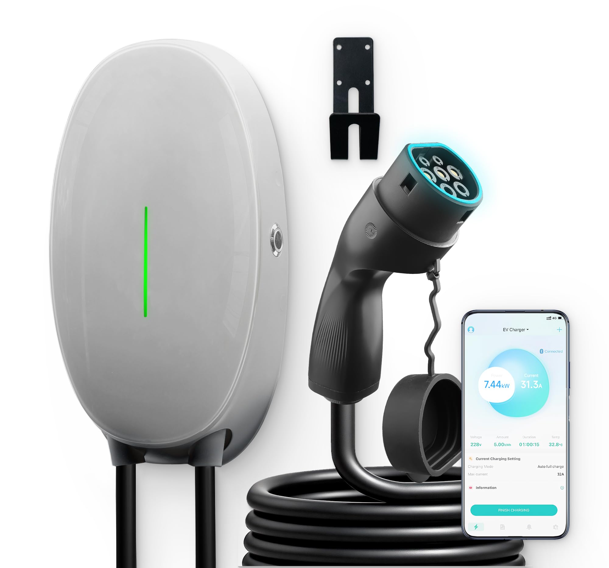 Estación de Carga de vehículos eléctricos de 7,4 kW con Control por App, Monofasico 32A wallbox con Cable de 6M, Estación de Carga con RCD Tipo-B y Protección para BEV/PHEV, IP66