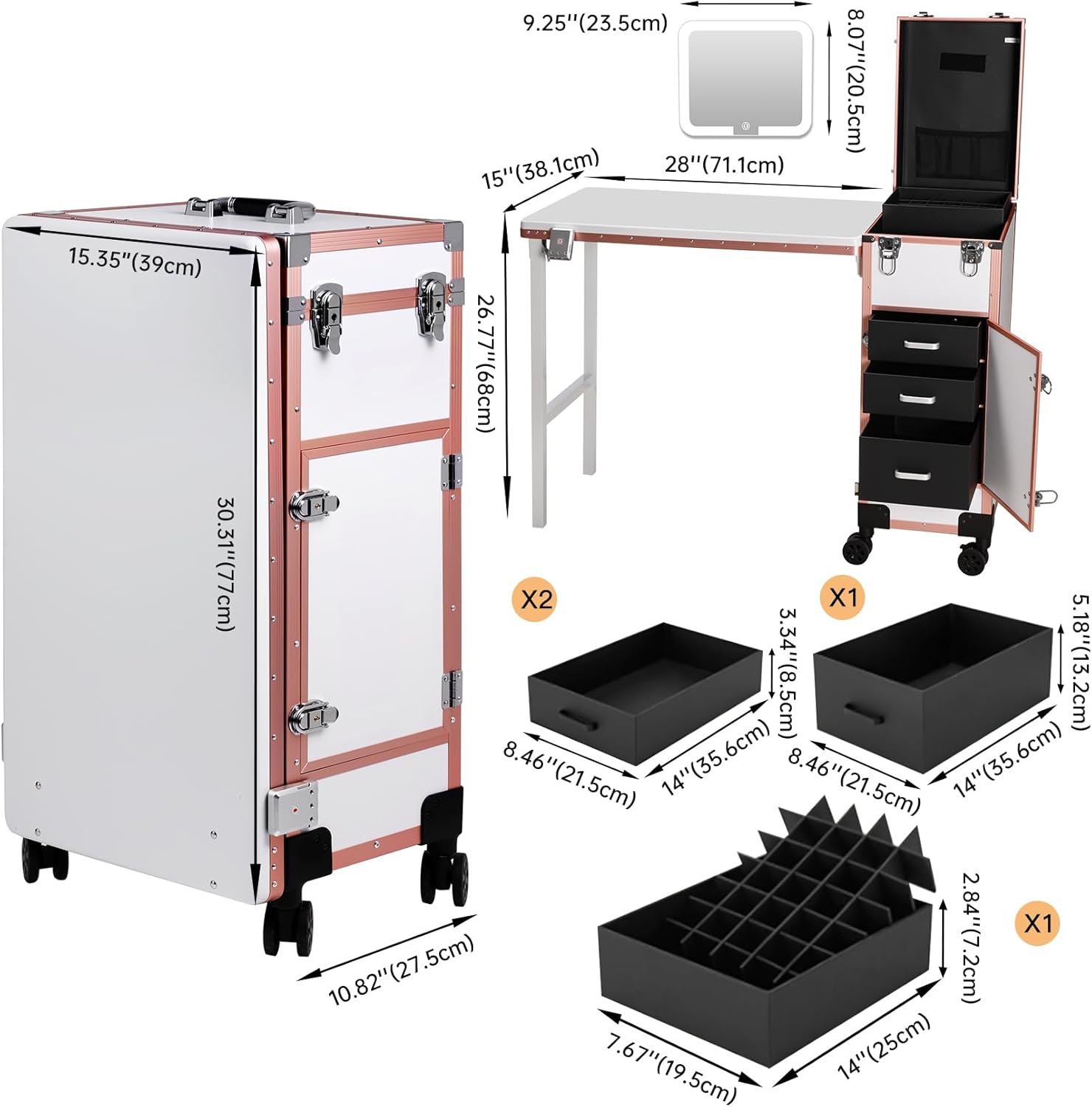 Rolling Portable Manicure Table with 3 Drawers, Lockable Makeup Train Case with Detachable Mirror, Foldable Nail Desk with Wheels & Handle, Mesa de Uñas Profesional para Nail Techs & Salon Use, White