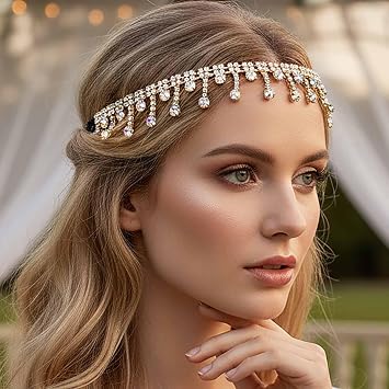 Yokawe Wedding Rhinestone Headband Crystal Head Chain Elastic Bridal Sparkle Tassel Headpieces for Women Gold B