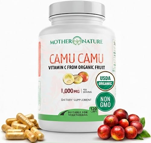 Cápsulas Mother Nature Organics Camu Berry – Repleto de vitamina C natural y antioxidantes crudos – Refuerzo inmunológico y antienvejecimiento –