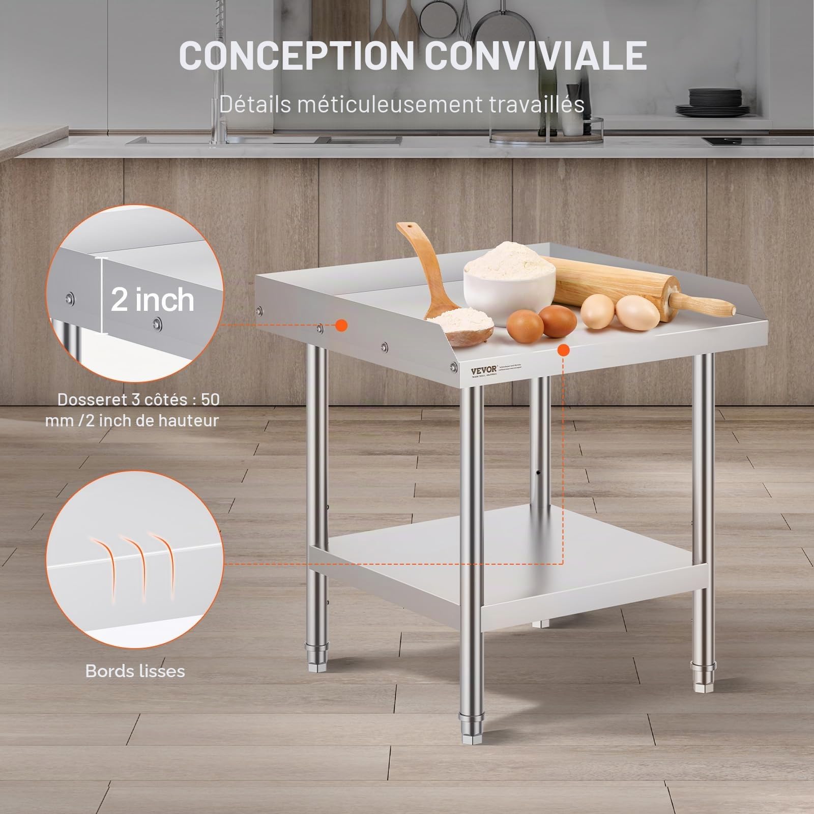 VEVOR Table de Travail en Acier Inoxydable 61x61x66 cm, Table de Préparation des Aliments Commerciale, Dosseret à 3 Côtés, Hauteur Réglables, Meuble de Rangement des Aliments, pour Cuisine Restaurant