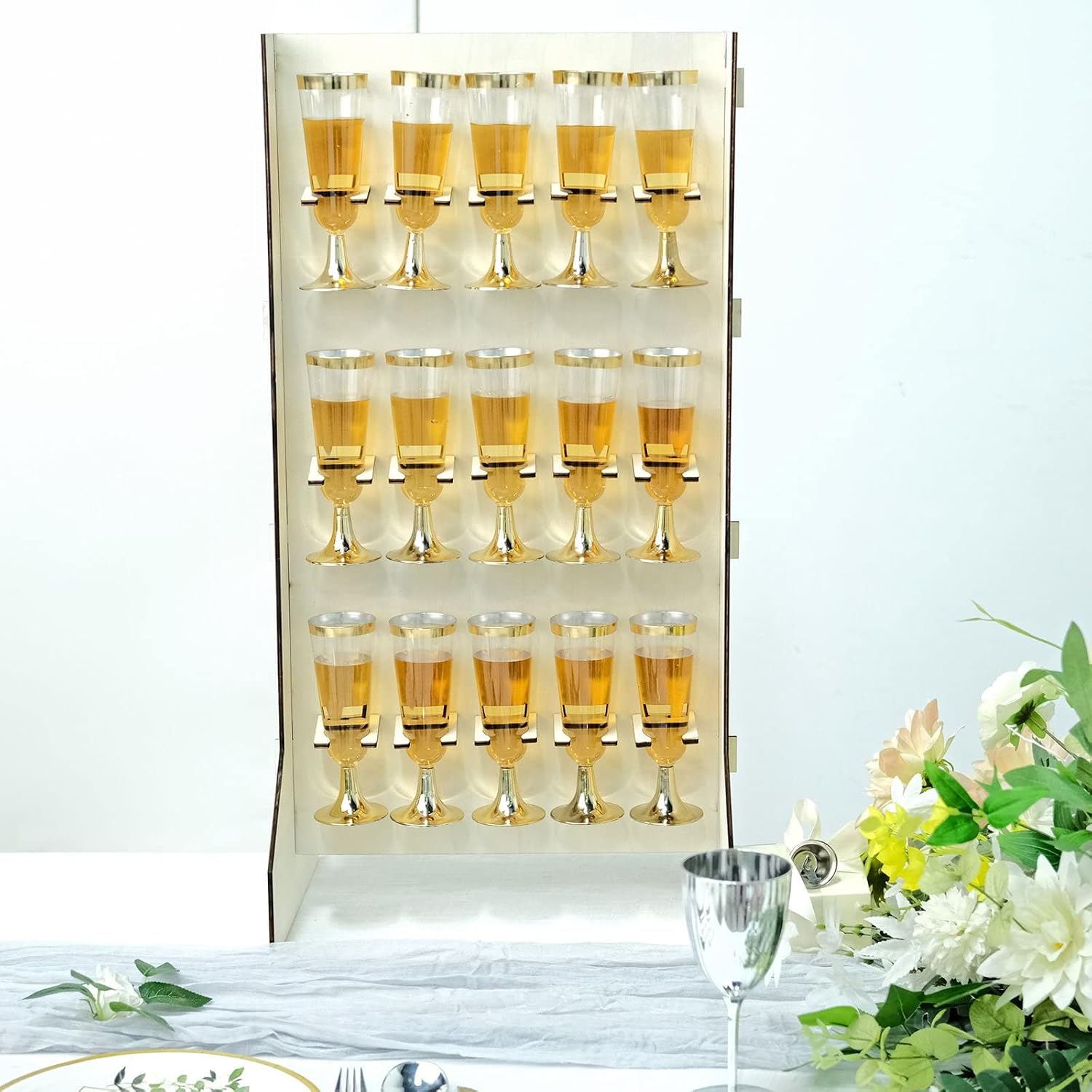 Tableclothsfactory 3-Tier Wooden Champagne Glass Flute Holder Wall Stand Rack, 15 Glass Drinks Shelf, Floor Standing Rectangular Drinks Rack