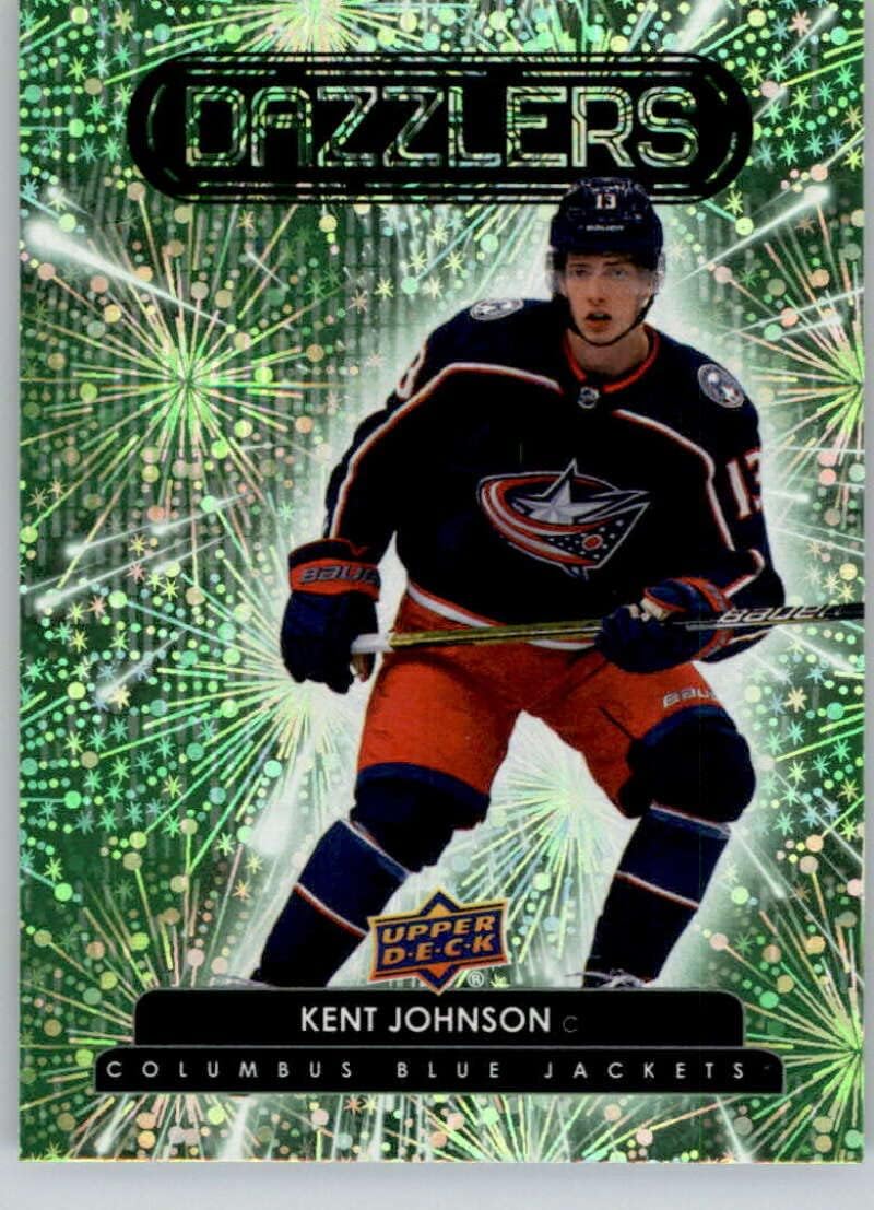 2022-23 Upper Deck Dazzlers Green #DZ-40 Kent Johnson Columbus Blue Jackets Official NHL Hockey Card in Raw (NM or Better) Condition