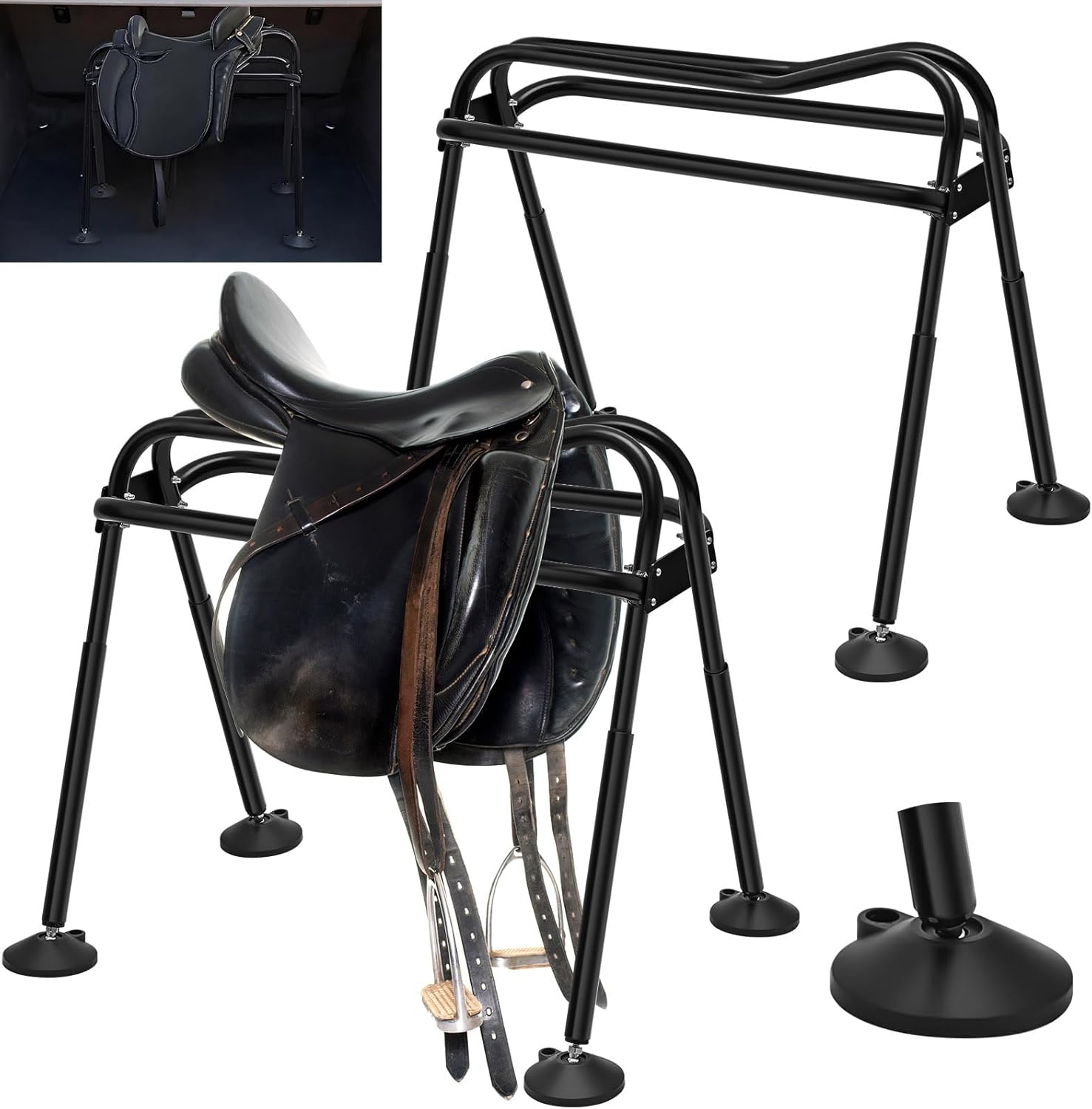 Pelopy 2 Pack Anti-Tipping Saddle Rack for Car with Circular Support 25.6" x 25.6" x 22.44" Portable Folding Freestanding Saddle Stand Horse Blanket Storage Rack for English and Western Horse, Black