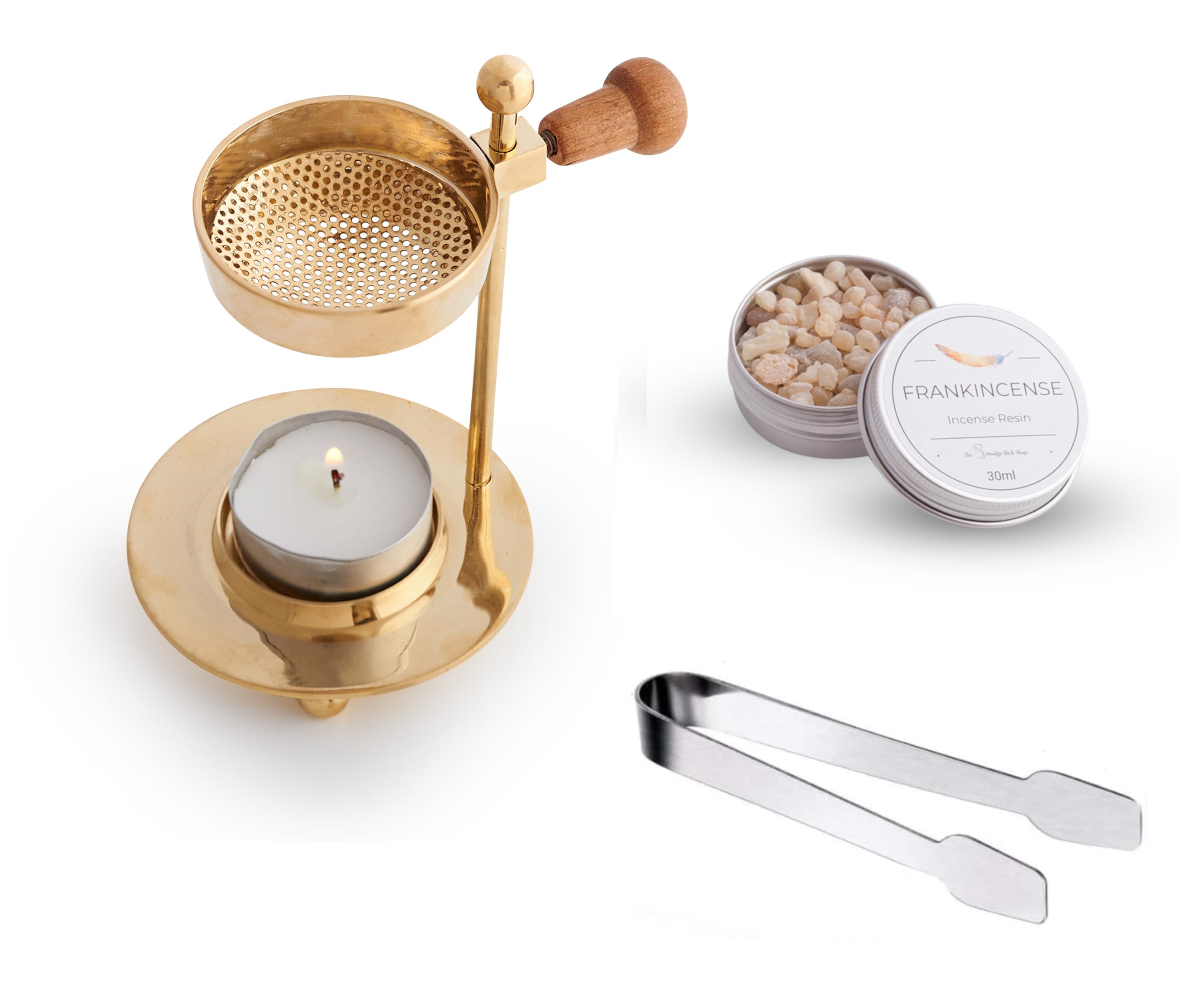 The Smudge Stick ShopIncense Melter Kit with 30ml Tin fresh Frankincense Incense, Tea Light and Stainless Steel Tongs Smokeless Charcoal Free