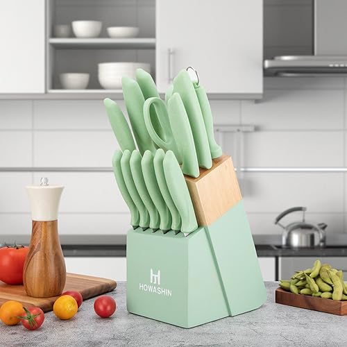 Miniatura 6 de Juego de cuchillos de cocina de 15 piezas con afilador de cuchillos integrado, juego de bloques de cuchillos de acero inoxidable alemán de alto