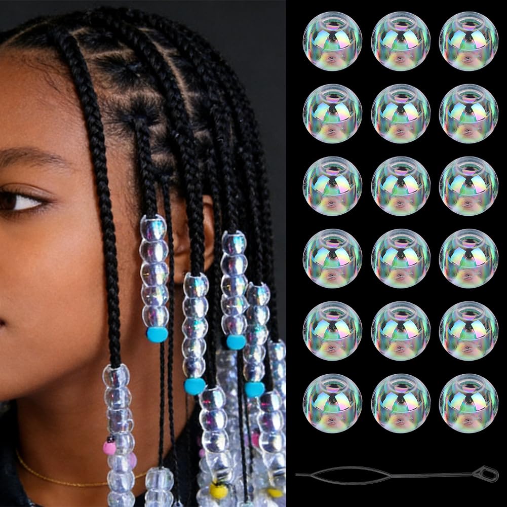 PONABEADIY 1 Box 60PCS 12MM Acrylic Hair Beads Braids Round Chunky Clear Iridescent Glitter Plastic Pony Large Hole Spacer Bead Kit with Braiding Tool for Jewellery Making Dreadlock Bracelet Diy Craft