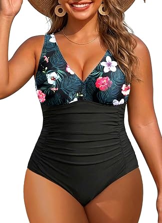 Aqua Eve Women Plus Size One Piece Swimsuits V Neck Tummy Control Bathing Suits Retro Ruched Swimwear
