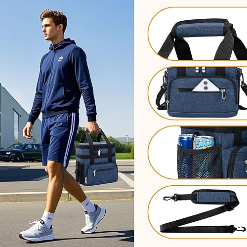 Miniatura 3 de Lonchera aislada para hombres y mujeres, bolsa de almuerzo de doble capa a prueba de fugas con correa ajustable para el hombro, enfriador de