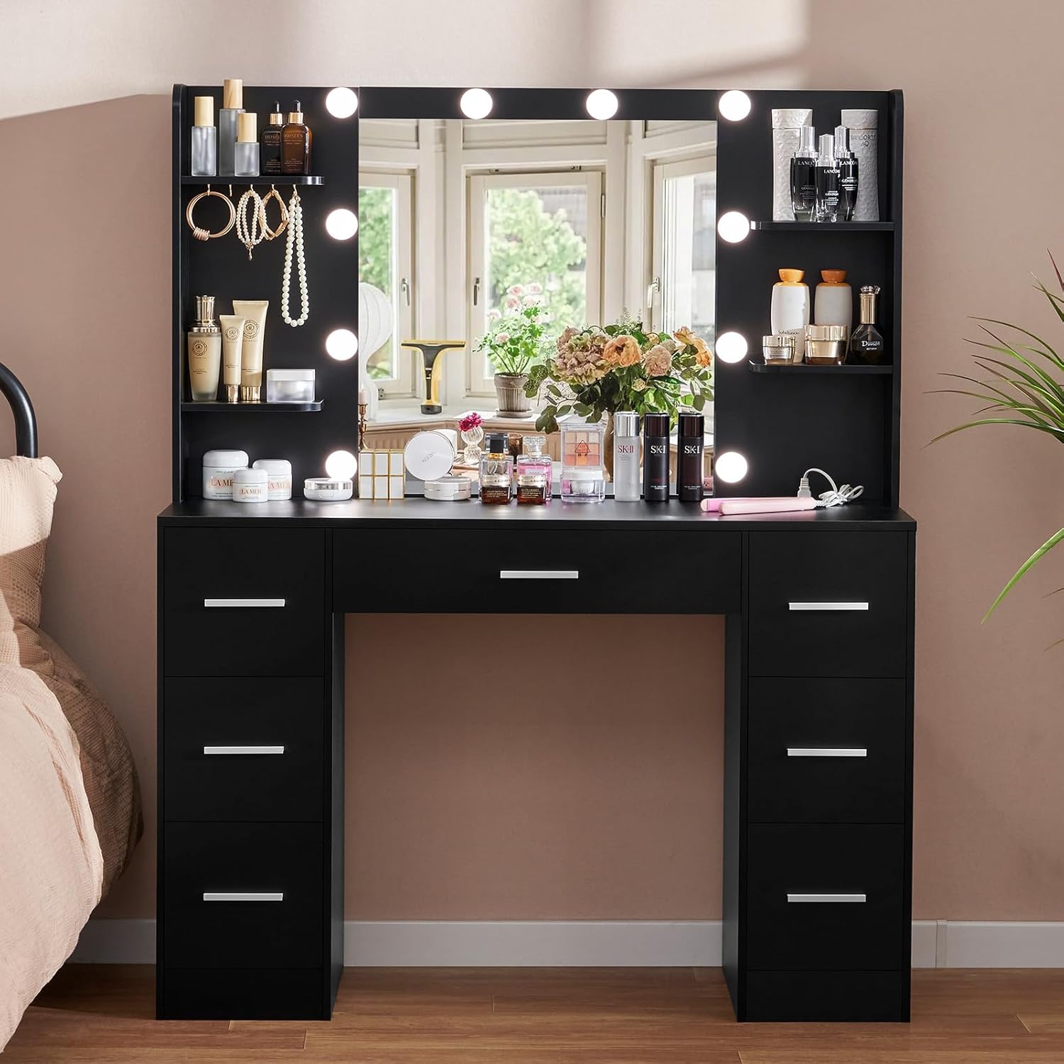 Quimoo Large Vanity Desk with LED Lighted Mirror & Power