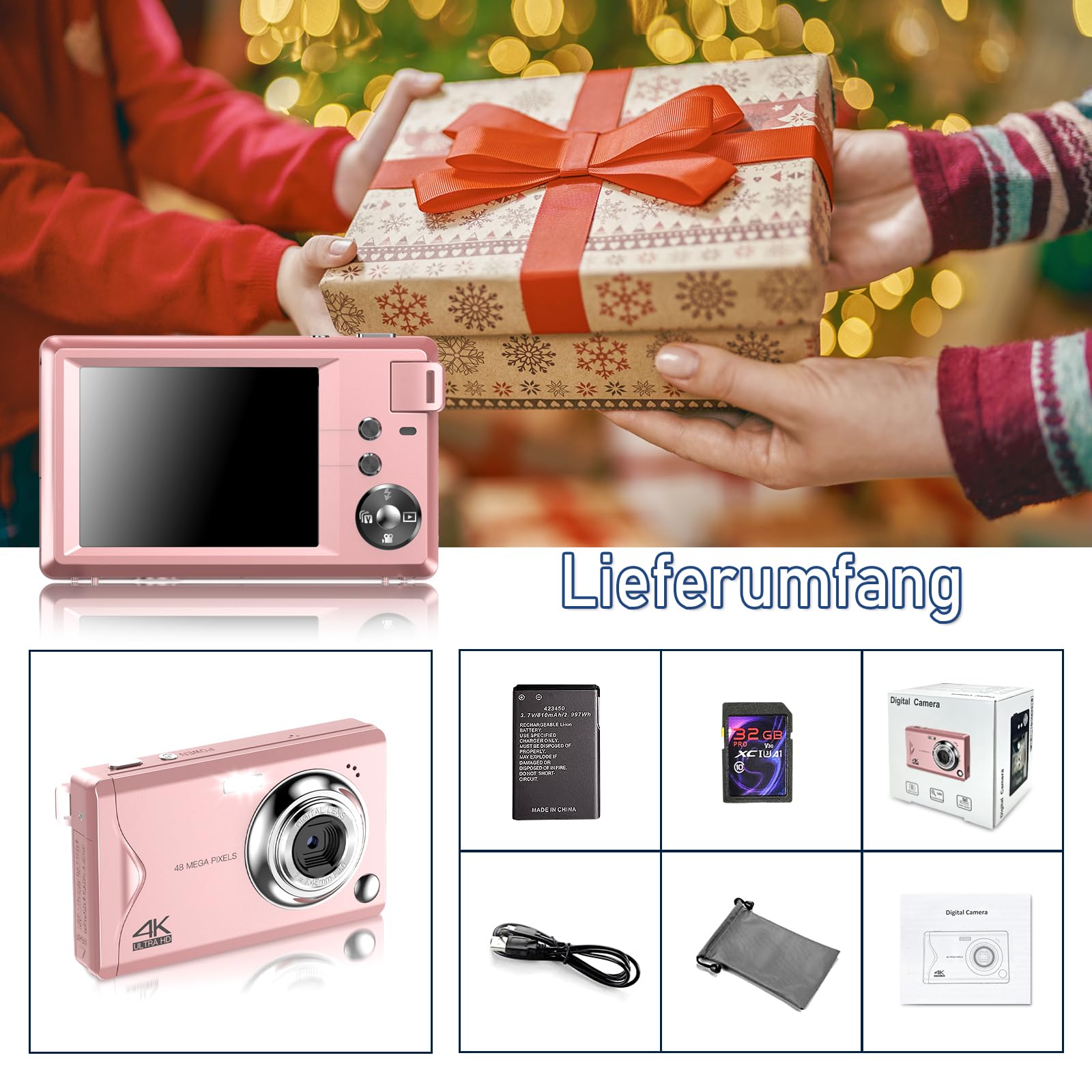 Fotocamera digitale, fotocamera Full HD da 48 MP, 1080P, scheda TF da 32 GB, schermo da 3,0 pollici, fotocamera portatile compatta con zoom digitale 16x, registrazione video 4K Ultra HD (rosa)