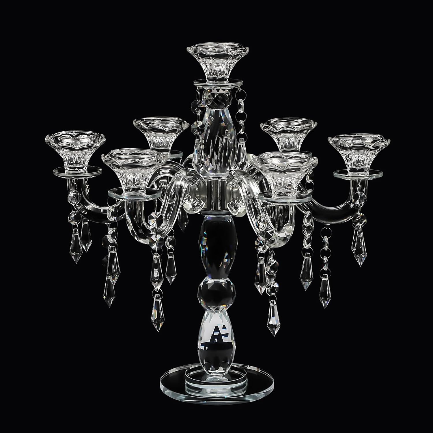 7-Arm Crystal Candelabra with Crystal Pendant, 14'' High-Hardness Glass Candle Holder with Stable Round Base, Elegant Flower-Shaped European Candelabra Centerpiece for Wedding, Party, Home Decor