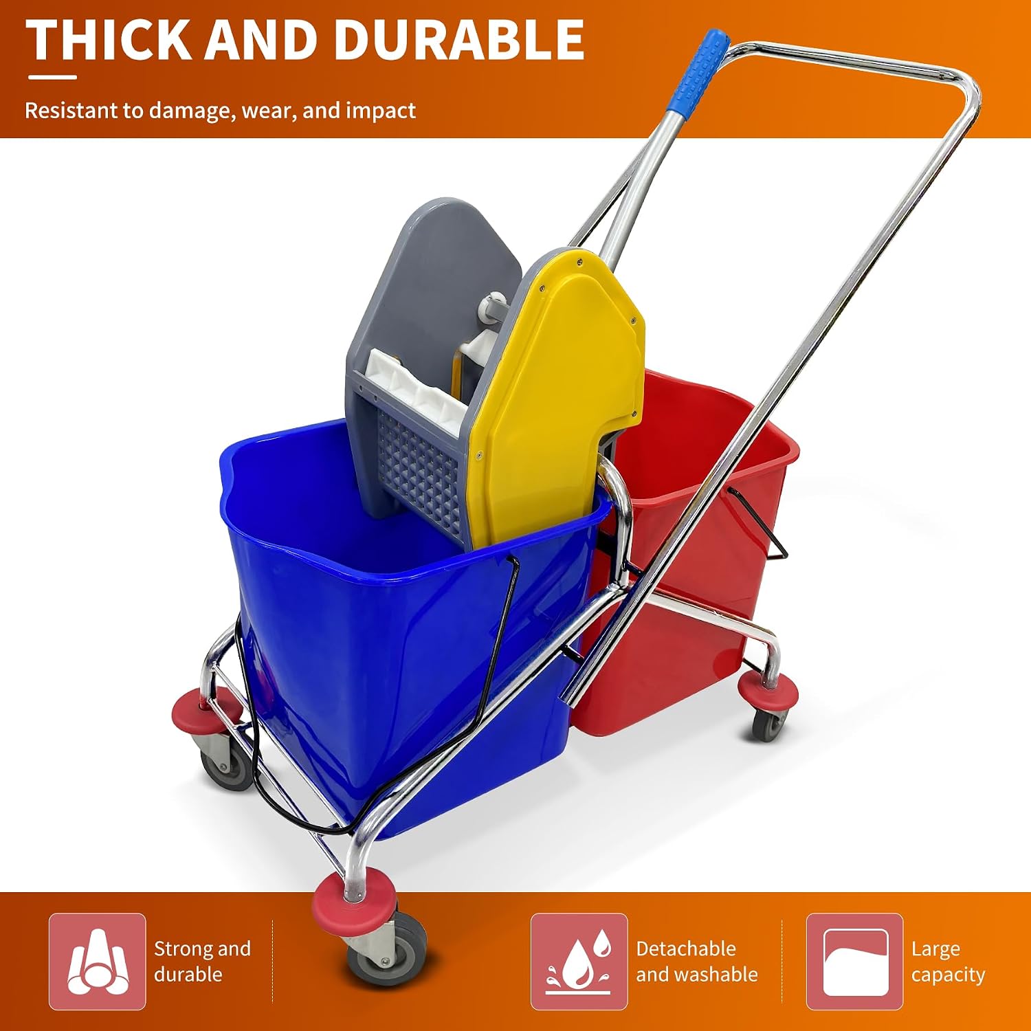 Commercial Mop Bucket with Down Press Wringer | 13.2 Gallons Heavy Duty Dual-Chamber System Mop Cart with Wheels, Rust-Proof for Hospital, Restaurant, Home Use (Plating, Down Press)