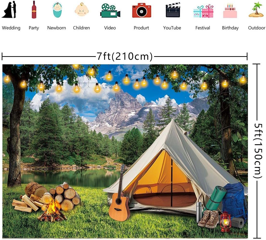 Camping Forest Backdrop 7x5FT Forest Camping Adventure VBS Photography Background Happy Camper Tent Party Decoration Banner Photo Shoot Props