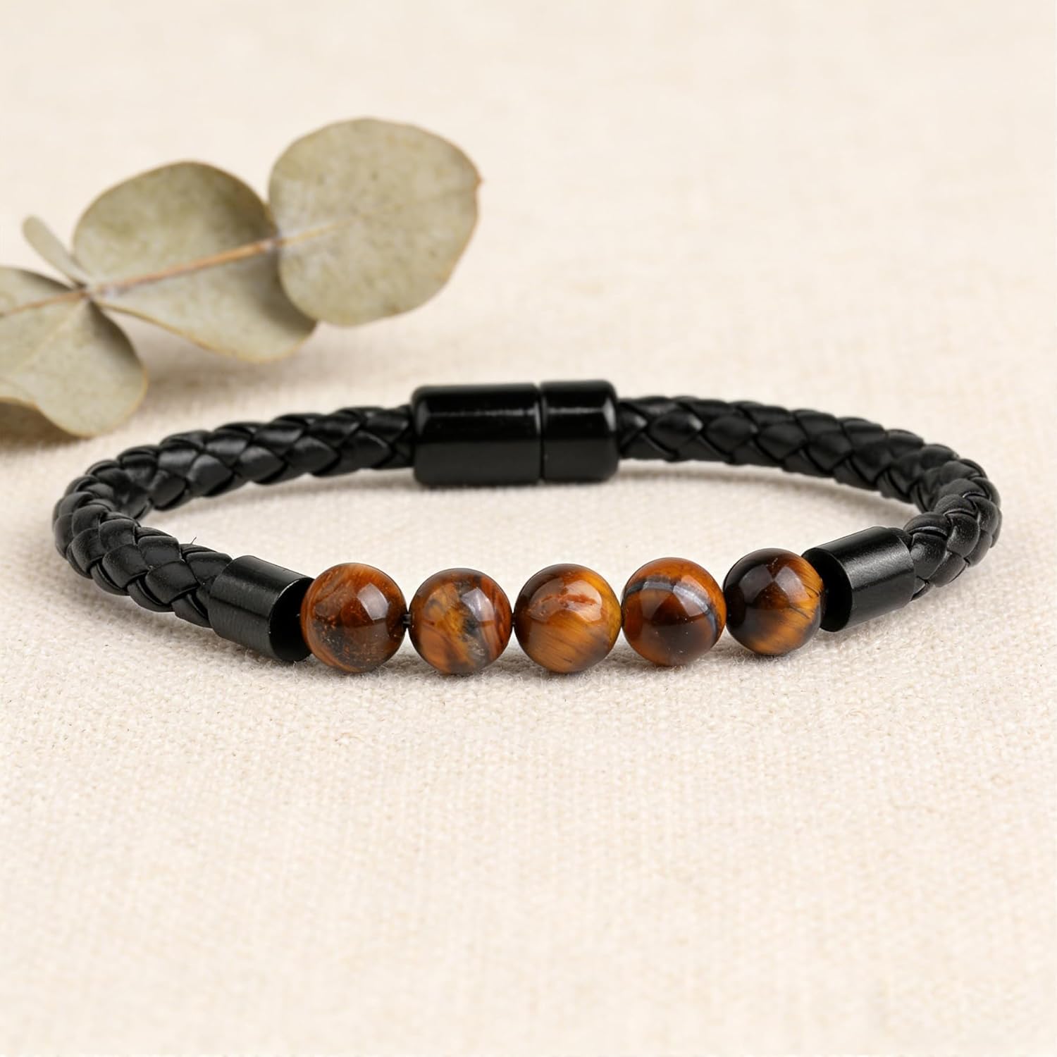 Turquoise Tiger Eye Black Obsidian Bracelets for Men Blue Brown Beaded Leather Cuff Bangle 8mm Stone Braided Stainless Steel Clasp Anniversary Birthday Christmas Wristband for Father 8.3''