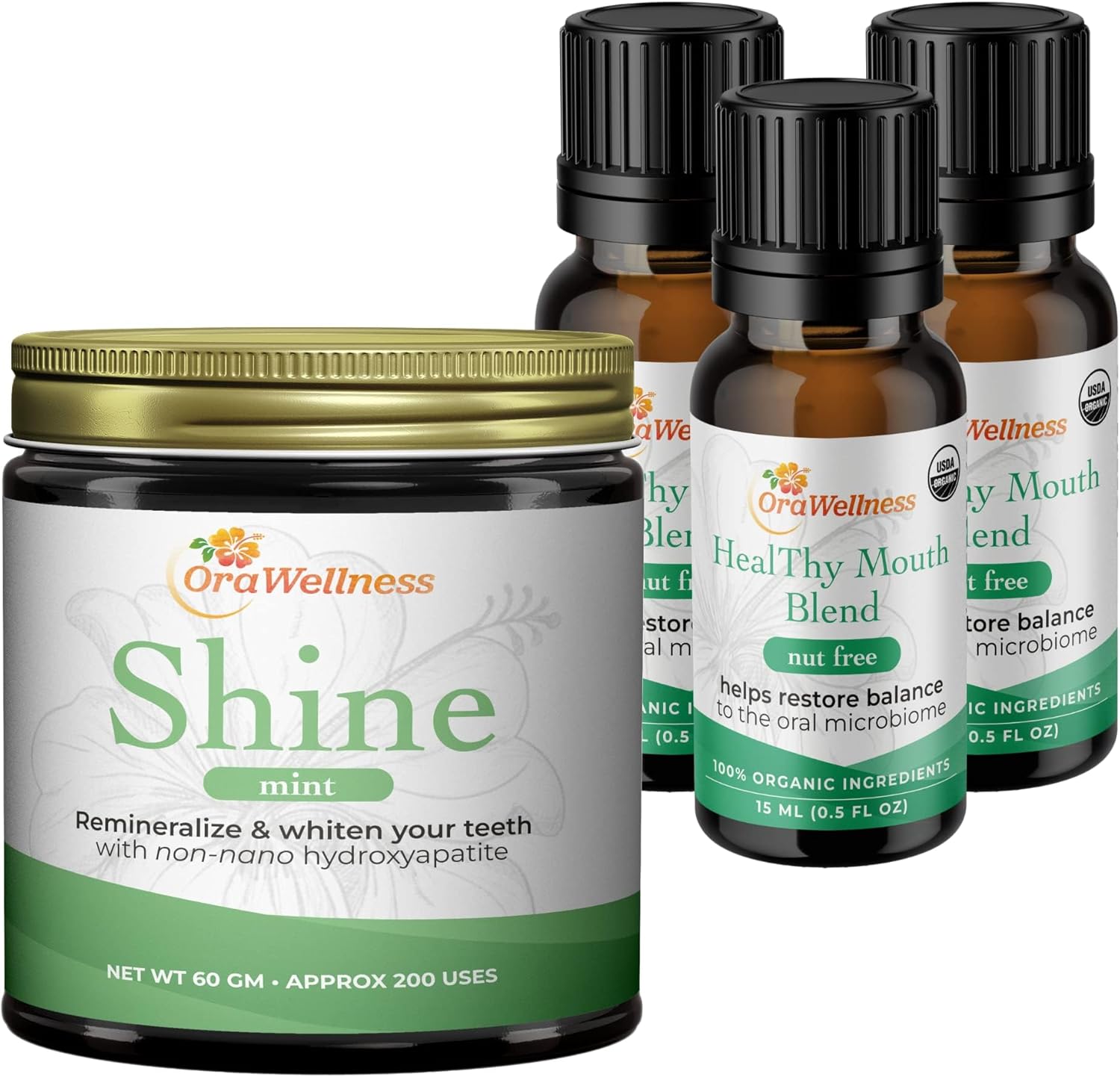 OraWellness Shine Remineralizing Natural Teeth Whitening Powder in Mint + Nut Free Healthy Mouth Blend Organic Toothpaste & Mouthwash Alternative Tooth Oil, Pack of 3