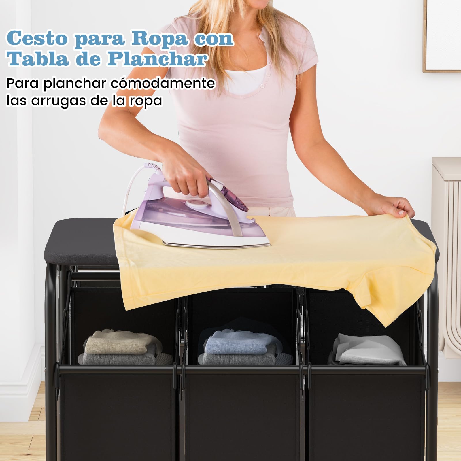 COSTWAY Cesto para Ropa Sucia con Tabla de Planchar, Cesta Colada con 3 Bolsas Extraíbles, 3 x 33L, Cesta de Lavandería para Cuarto de baño, Lavandería, Dormitorio, Negro y Gris